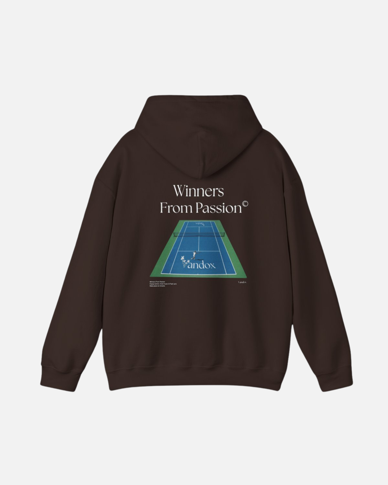 Dark Chocolate Brown VANDOX Tennis Court Hoodie with VNX Vandox logo and tennis court design and "Winners From Passion" slogan. Starboy old money hoodie sweatshirt clothes vandox sacrevandox vandox clothes vandox clothing