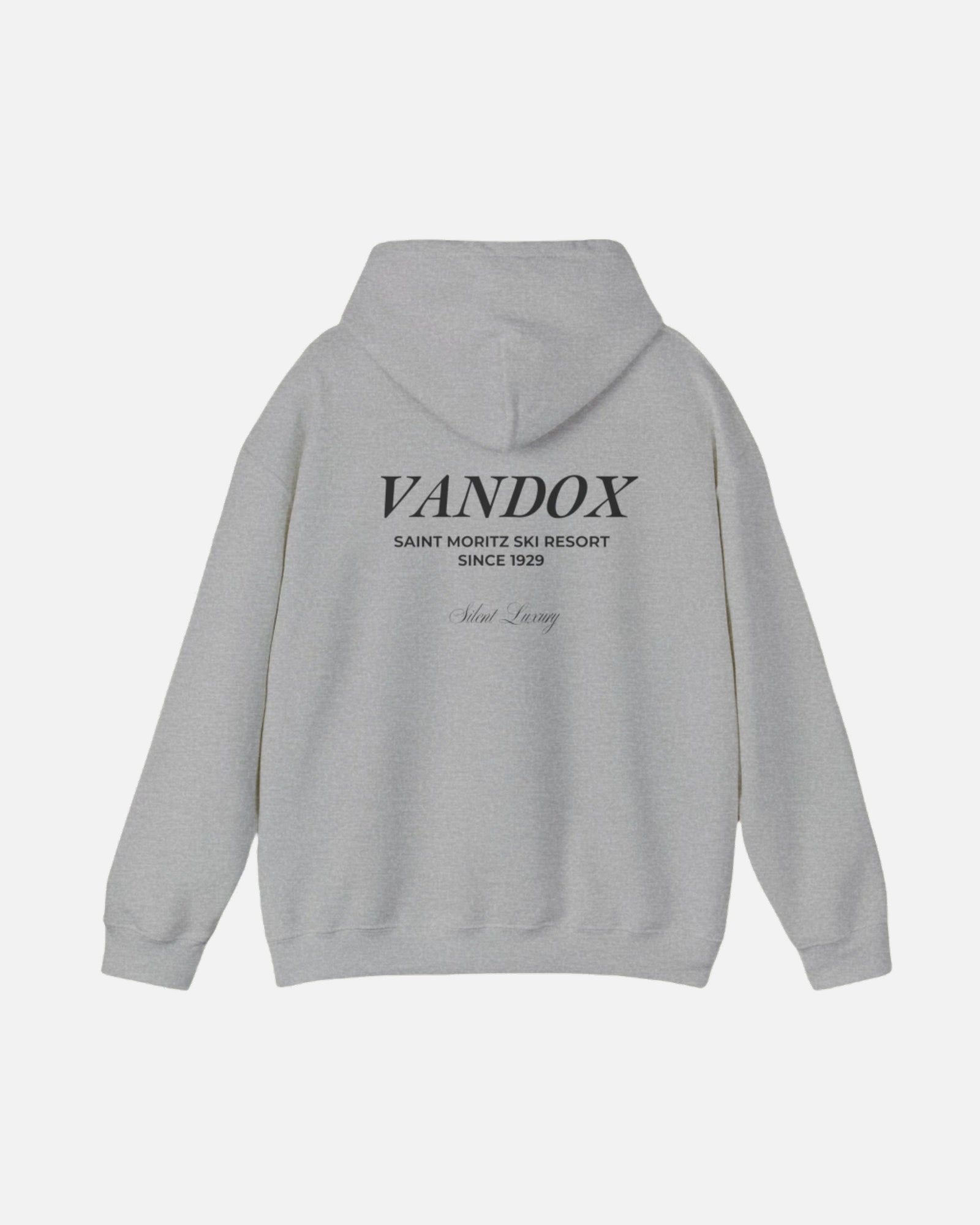 Sport Grey Vandox Hoodie with front text "ST. MORITZ SKI RESORT" and VANDOX saint moritz ski resort since 1929  silent luxury text on the back. Saint Moritz St. Moritz Monaco Ski resort skiing clothes winter clothing Starboy old money hoodie sweatshirt clothes vandox sacrevandox vandox clothes vandox clothing