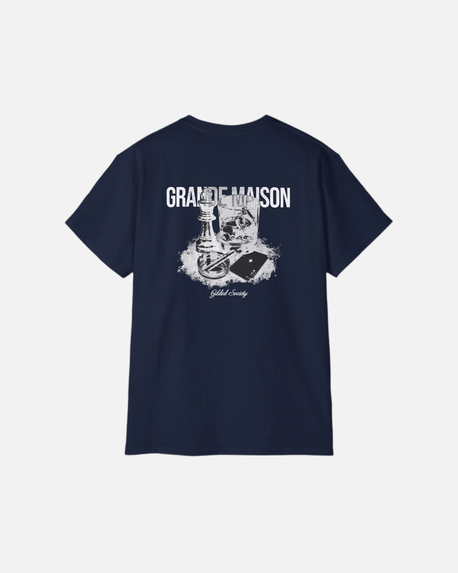 Back view of the deep dark blue navy Grande Maison Vandox T-Shirt featuring chess piece, glass, and playing card graphic with “Gilded Society” text. Starboy old money shirt tshirt clothes vandox sacrevandox vandox clothes vandox clothing