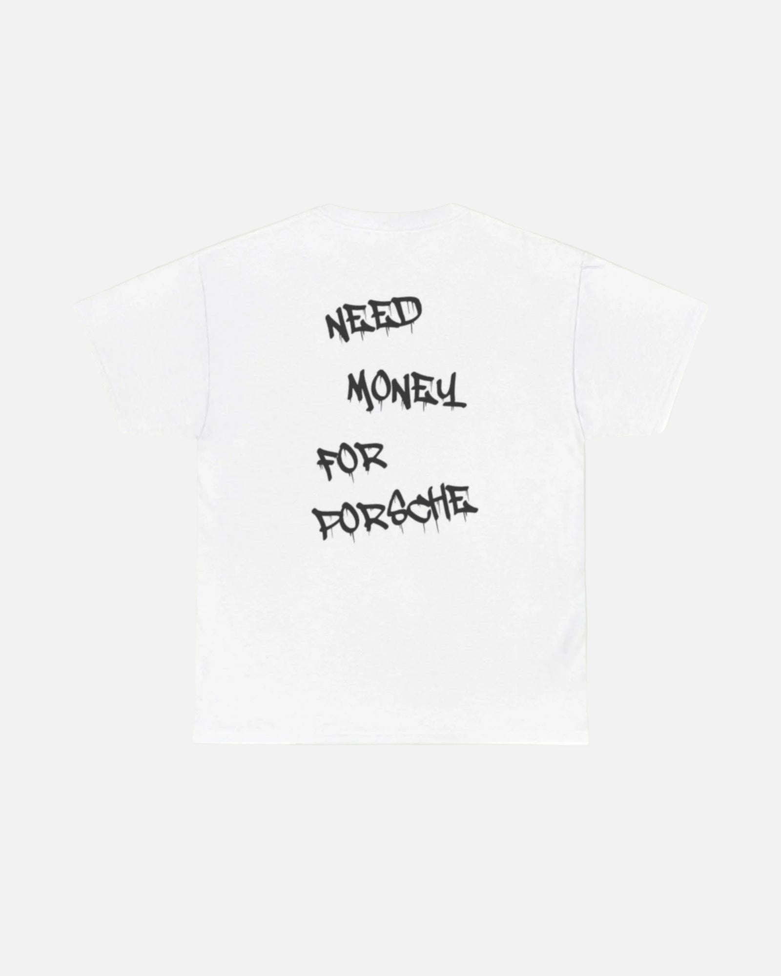 White Vandox T-shirt with a graffiti text "Need money for porsche" on the back. Starboy old money shirt tshirt clothes vandox sacrevandox vandox clothes vandox clothing