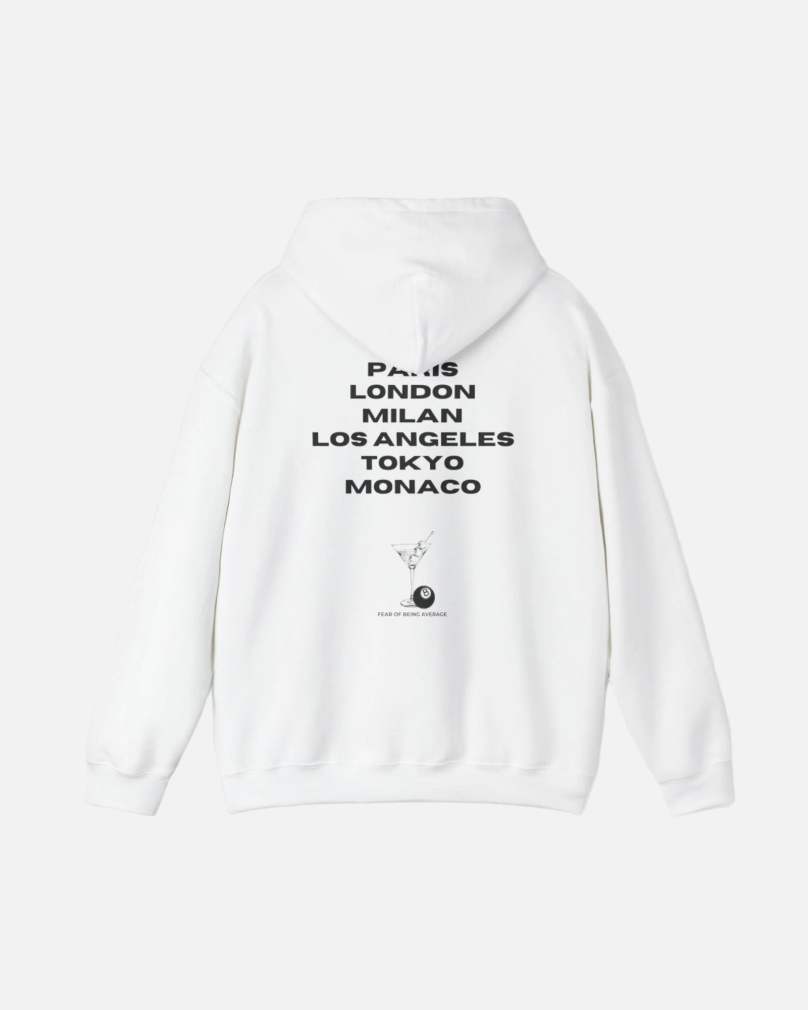Eggshell white Vandox hoodie featuring embroidered martini glass and 8-ball graphic on front, and bold city name typography with "Fear of Being Average" text on back. Starboy old money hoodie sweatshirt clothes vandox sacrevandox vandox clothes vandox clothing