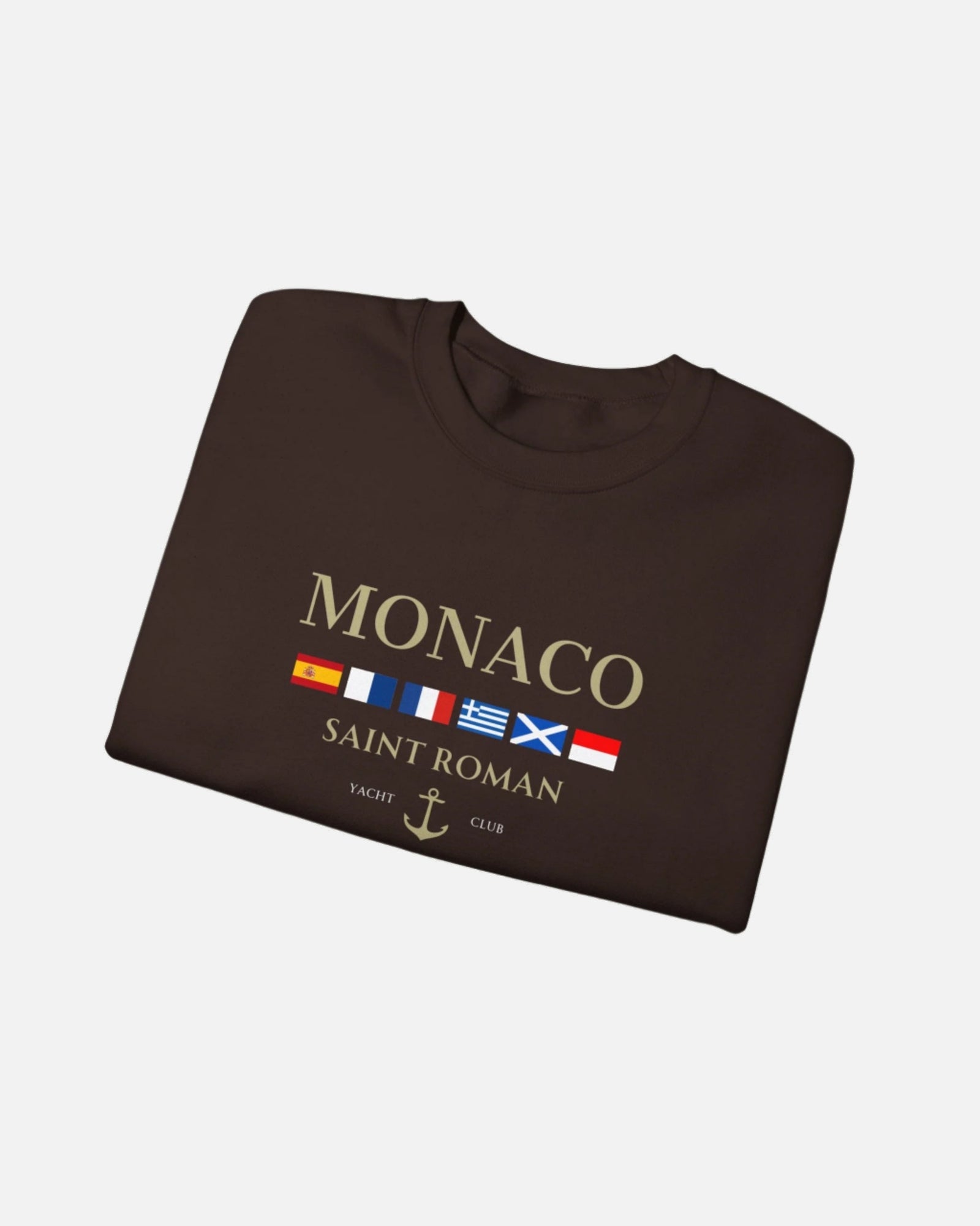 Dark Chocolate Brown Vandox Monaco Saint Roman Yacht Club crewneck featuring international maritime flags, gold lettering, and anchor detail—blending old money elegance with nautical style. Starboy old money hoodie sweatshirt clothes vandox sacrevandox vandox clothes vandox clothing