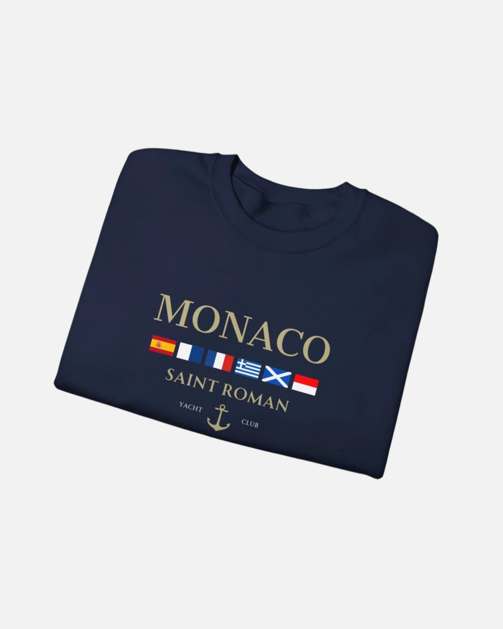 Navy Deep Blue Vandox Monaco Saint Roman Yacht Club crewneck featuring international maritime flags, gold lettering, and anchor detail—blending old money elegance with nautical style. Starboy old money hoodie sweatshirt clothes vandox sacrevandox vandox clothes vandox clothing