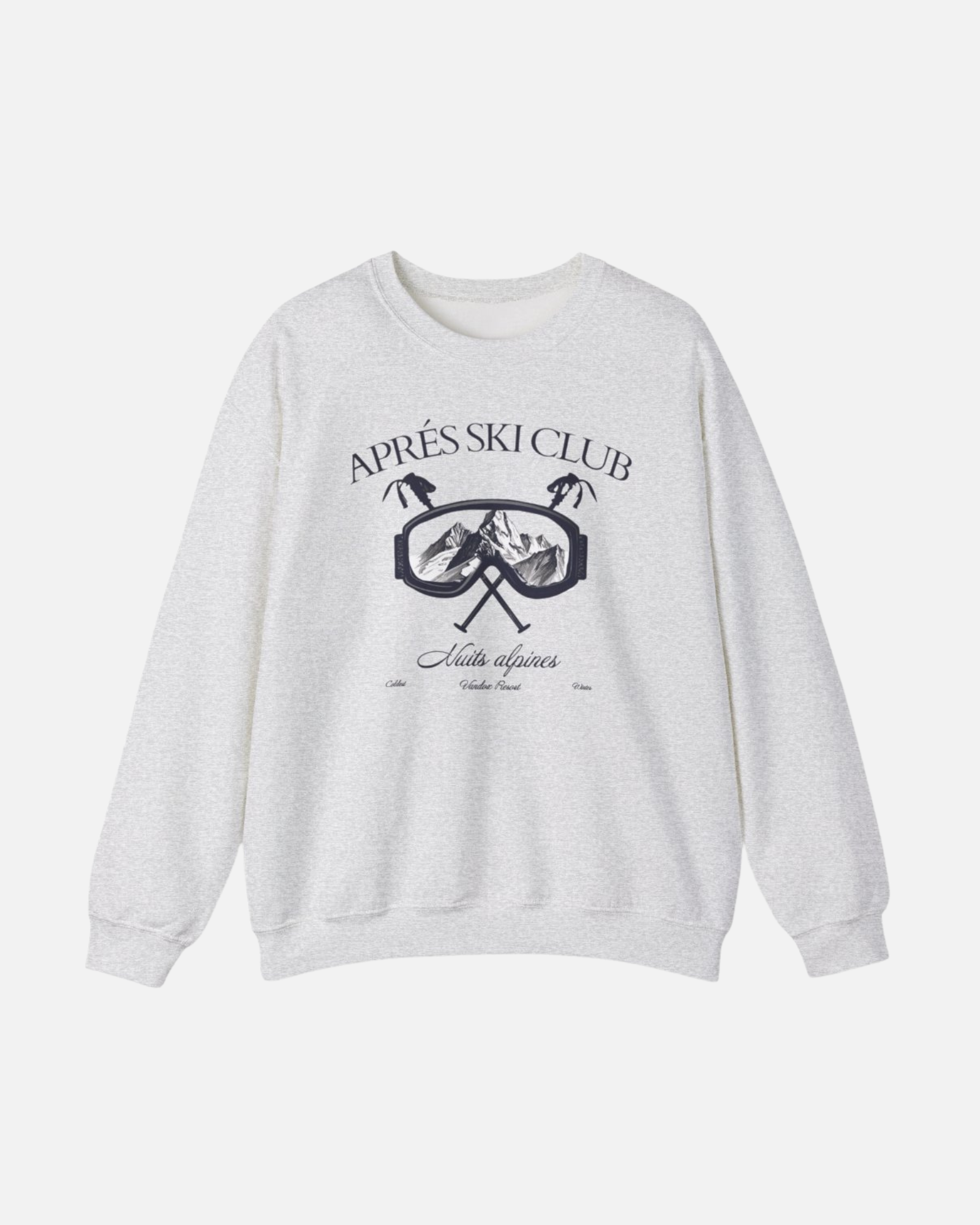 Front view of the sport grey ash Ski Society Crewneck by Vandox with alpine ski goggle graphic and “Après Ski Club” text. Starboy old money hoodie sweatshirt clothes vandox sacrevandox vandox clothes vandox clothing