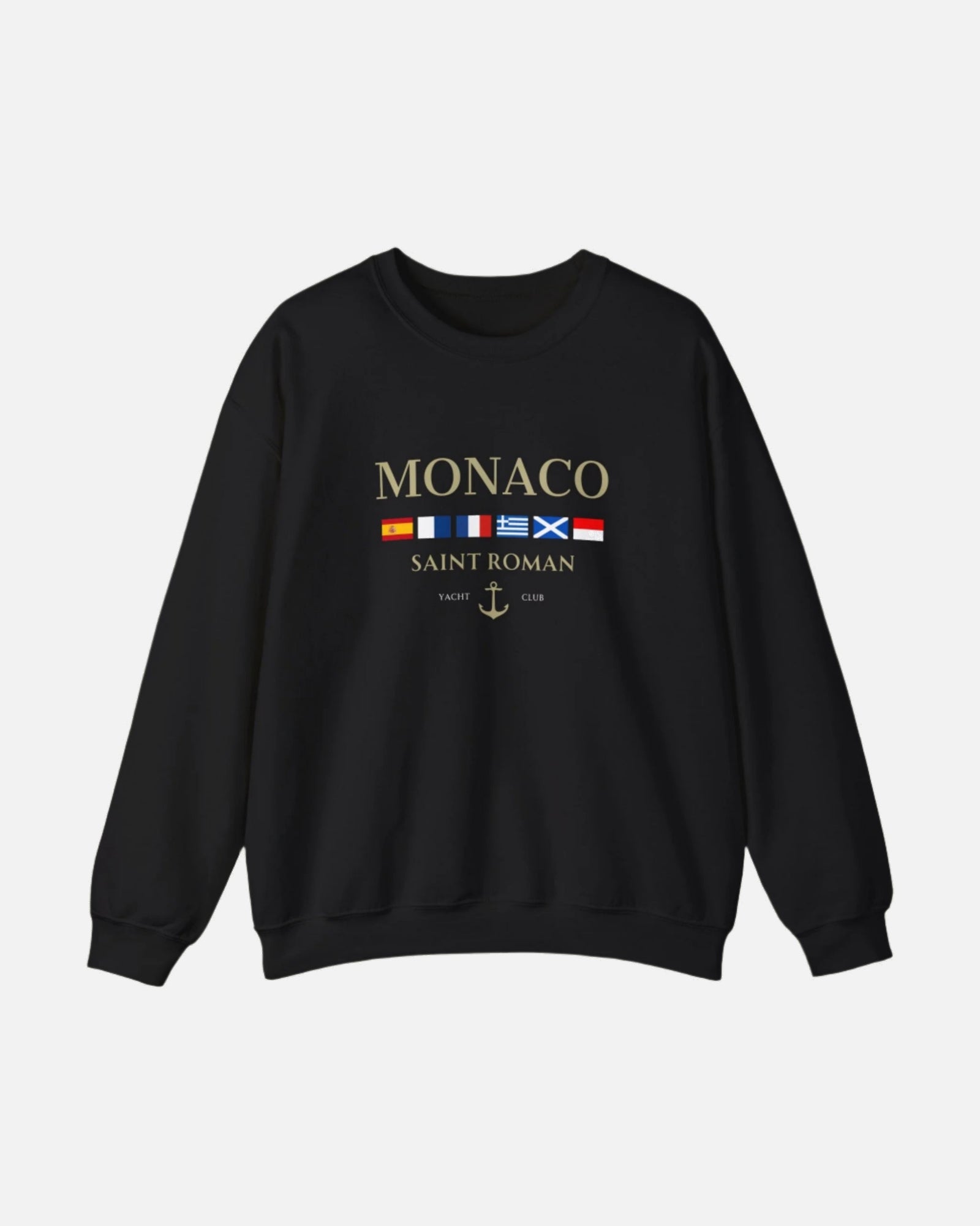 Deep Black Vandox Monaco Saint Roman Yacht Club crewneck featuring international maritime flags, gold lettering, and anchor detail—blending old money elegance with nautical style. Starboy old money hoodie sweatshirt clothes vandox sacrevandox vandox clothes vandox clothing