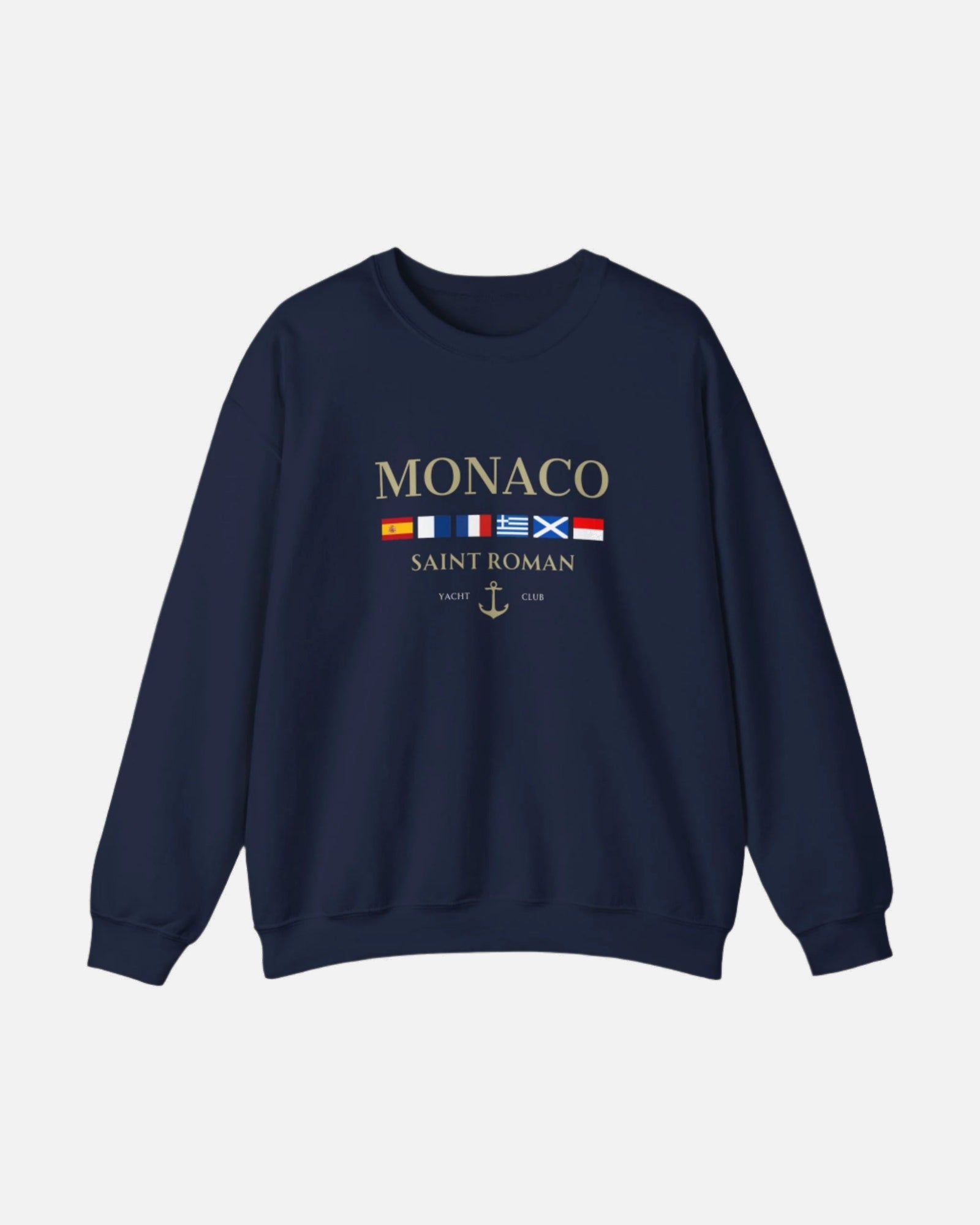 Navy Deep Blue Vandox Monaco Saint Roman Yacht Club crewneck featuring international maritime flags, gold lettering, and anchor detail—blending old money elegance with nautical style. Starboy old money hoodie sweatshirt clothes vandox sacrevandox vandox clothes vandox clothing
