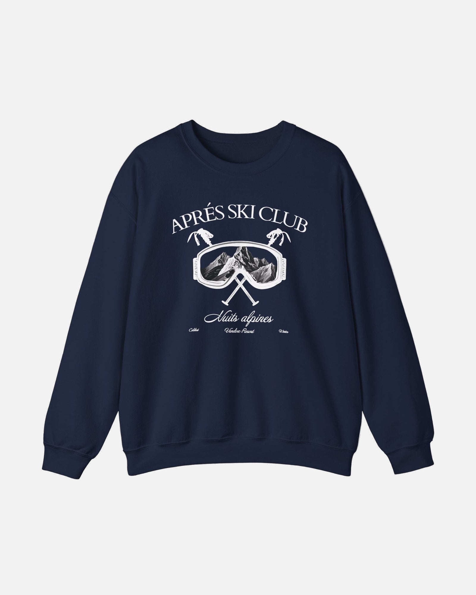 Front view of the deep dark blue navy Ski Society Crewneck by Vandox with alpine ski goggle graphic and “Après Ski Club” text. Starboy old money hoodie sweatshirt clothes vandox sacrevandox vandox clothes vandox clothing