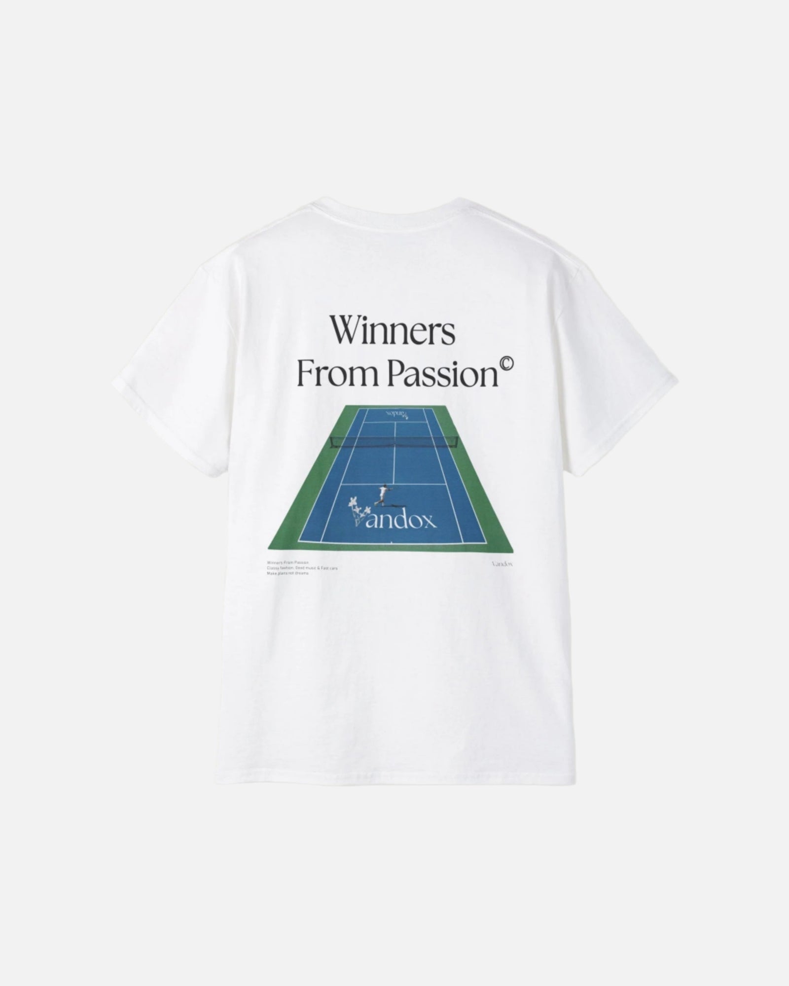 Eggshell white Vandox Tennis Court T-Shirt with a back graphic of a tennis court and the phrase “Winners From Passion,” blending sport luxury with old money style. Starboy old money shirt tshirt clothes vandox sacrevandox vandox clothes vandox clothing