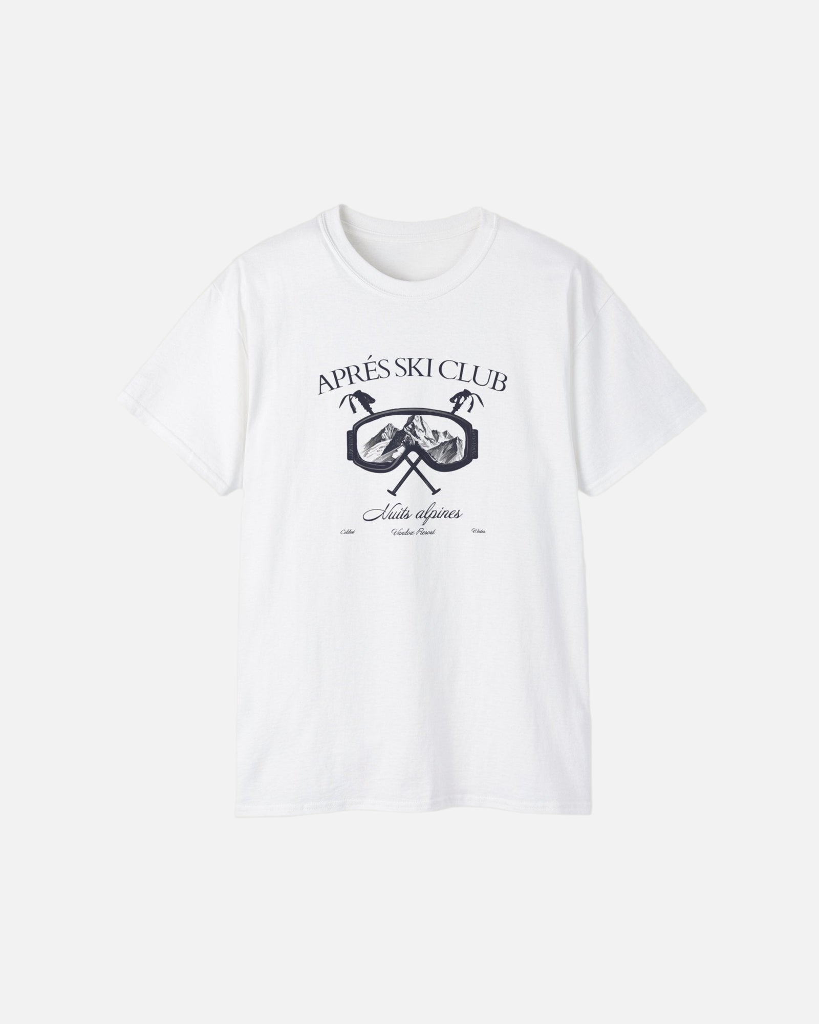 Front view of the eggshell white Ski Society T-Shirt by Vandox with alpine ski goggle graphic and “Après Ski Club” text. Starboy old money shirt tshirt clothes vandox sacrevandox vandox clothes vandox clothing