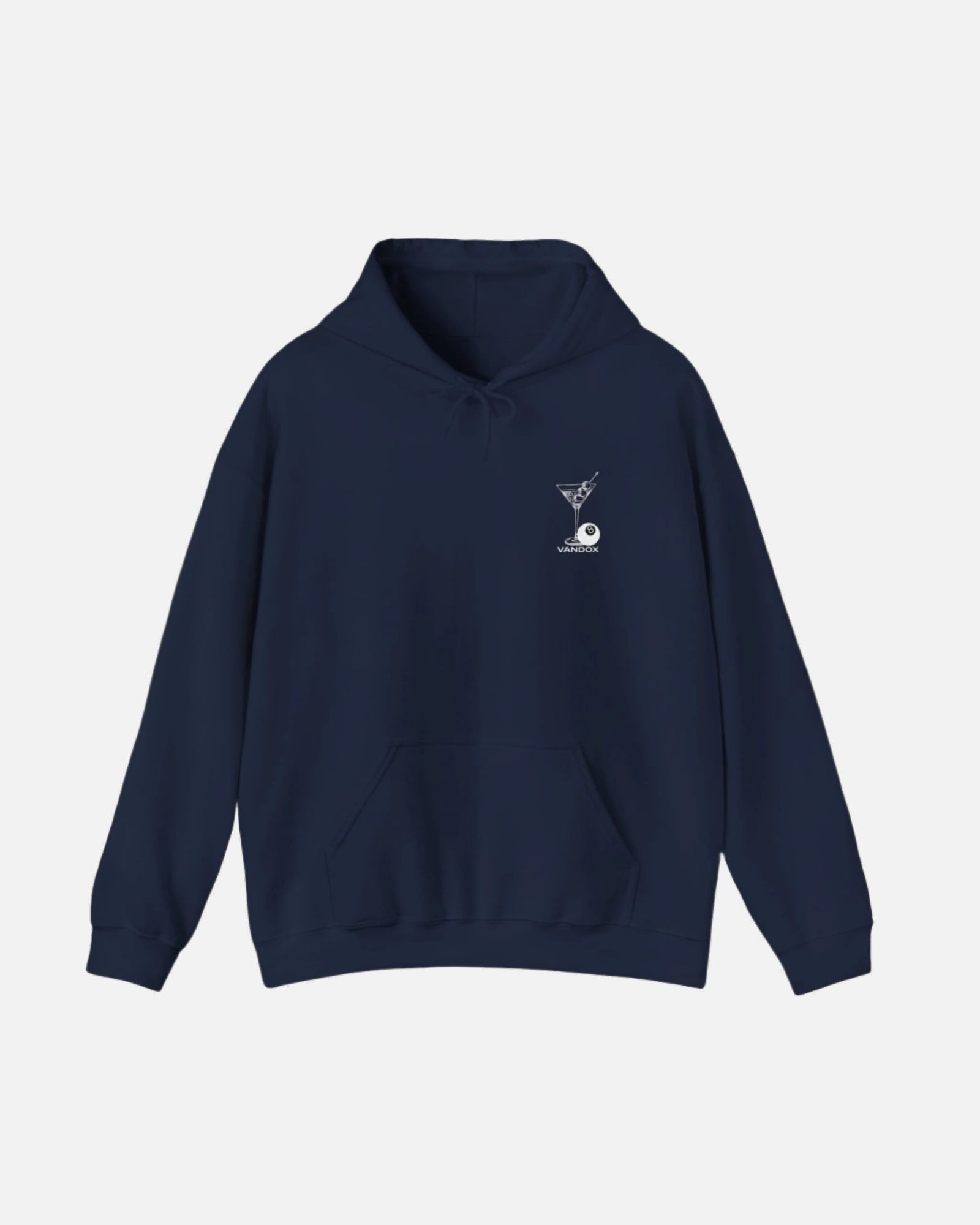 Deep Dark Blue Navy Vandox hoodie featuring embroidered martini glass and 8-ball graphic on front, and bold city name typography with "Fear of Being Average" text on back. Starboy old money hoodie sweatshirt clothes vandox sacrevandox vandox clothes vandox clothing