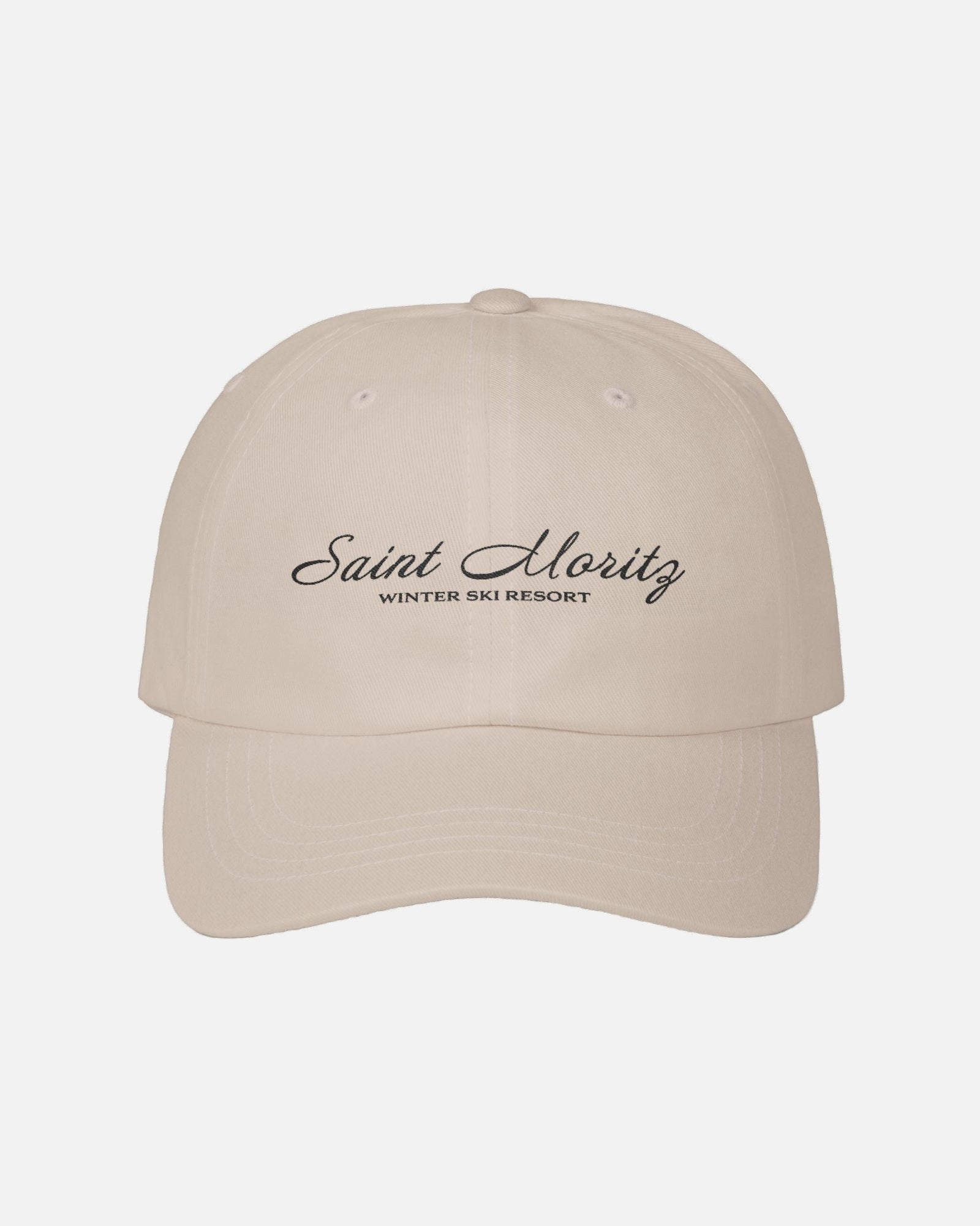 Front view of the cream sand beige stone Vandox Alpine Summit Cap featuring embroidered "Saint Moritz Winter Ski Resort" text in elegant script. Hat Cap Baseball Cap Baseball Hat starboy hat old money hats vandox sacre vandox sacrevandox vandox clothing