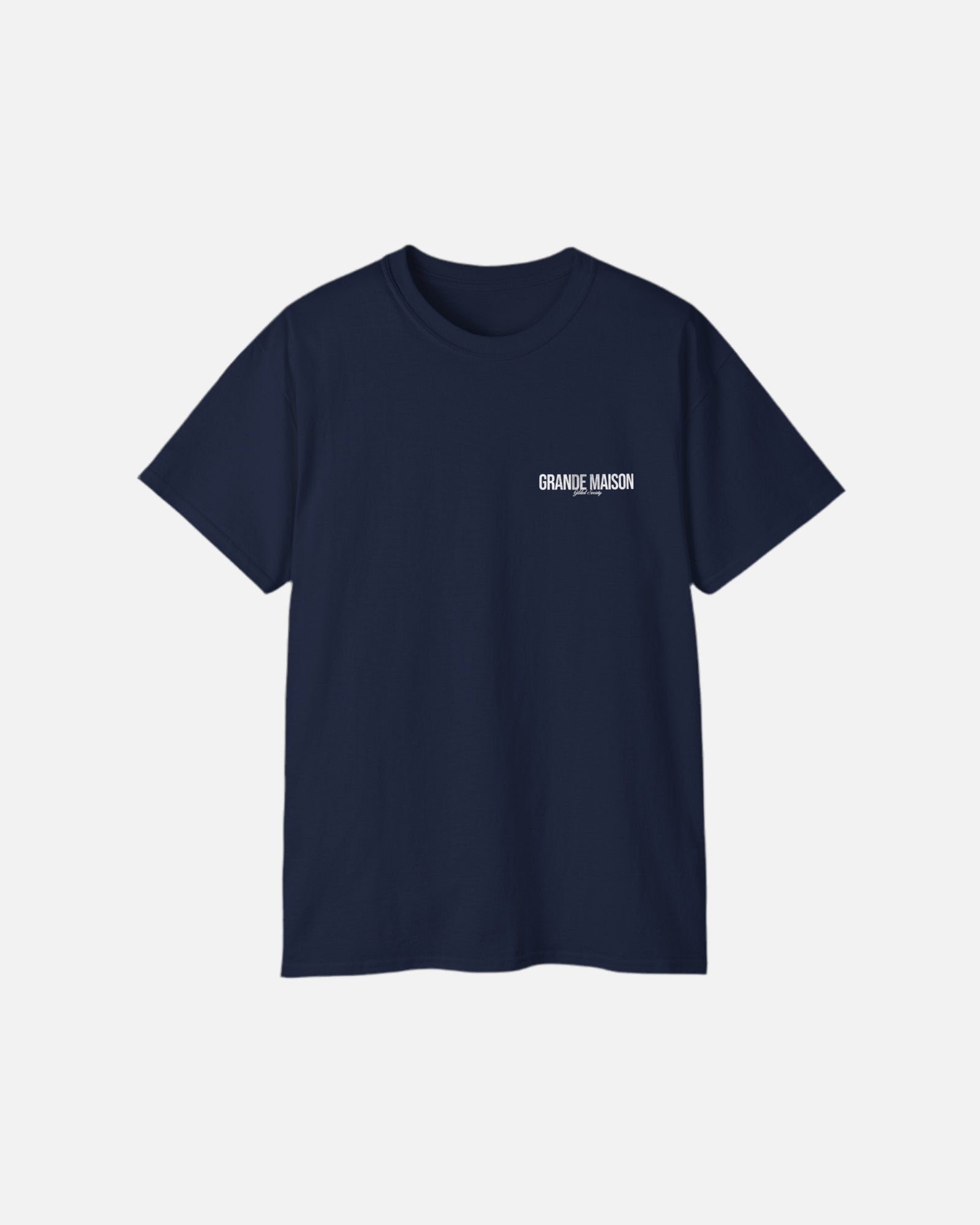 Front view of the deep dark blue navy Grande Maison T-Shirt by Vandox with minimalist “Grande Maison” print. Starboy old money shirt tshirt clothes vandox sacrevandox vandox clothes vandox clothing