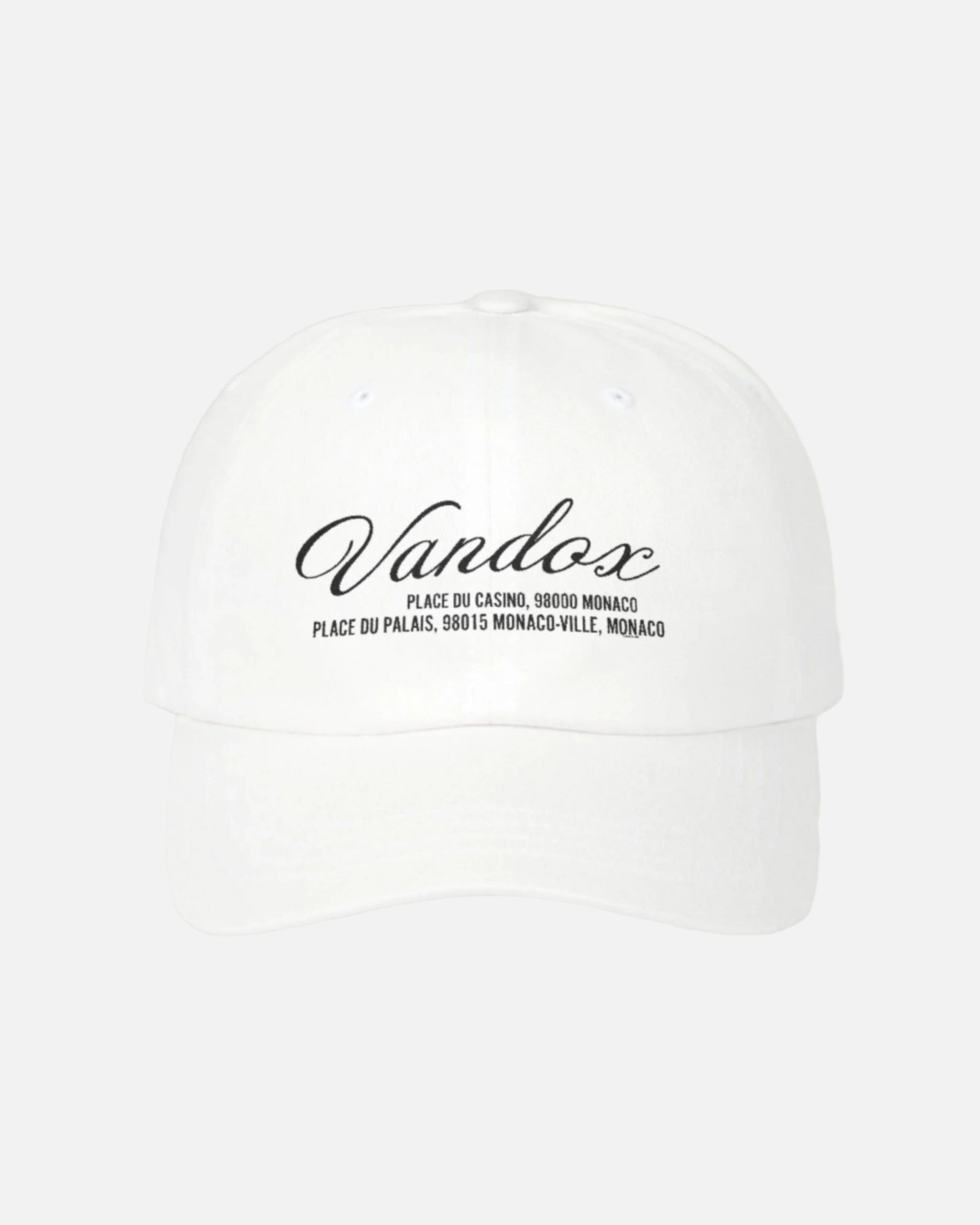 White Vandox cap featuring black embroidered script and Monaco location coordinates from the SS25 collection. Hat Cap Baseball Cap Baseball Hat starboy hat old money hats vandox sacre vandox sacrevandox vandox clothing vintage distressed baseball hat
