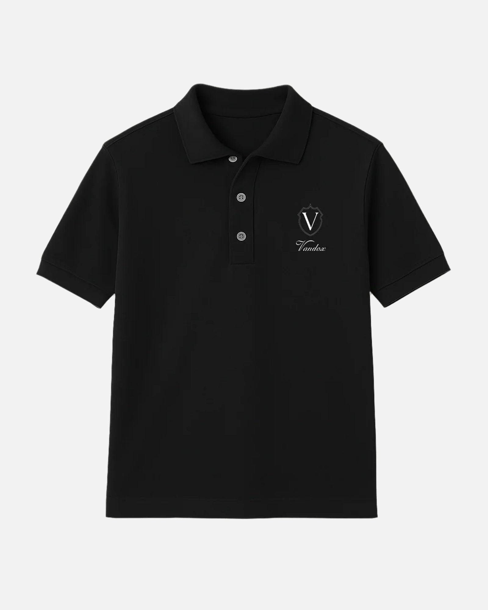 Front view of the Deep Black Vandox Crest Polo with embroidered “V” emblem inside a shield and crown, paired with Vandox script. Starboy old money polo shirt clothes vandox sacrevandox vandox clothes vandox clothing