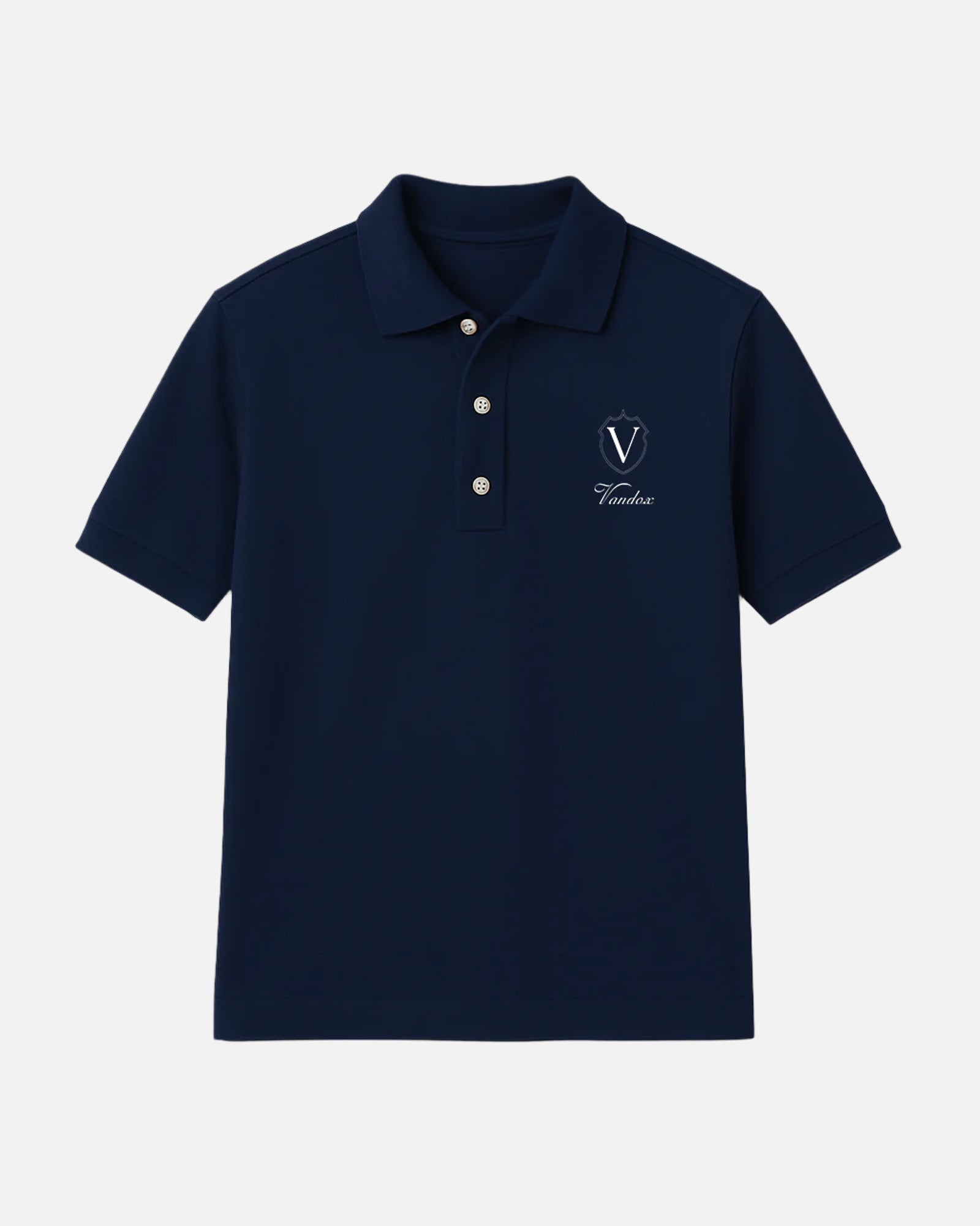 Front view of the Dark J. Navy Blue Vandox Crest Polo with embroidered “V” emblem inside a shield and crown, paired with Vandox script. Starboy old money polo shirt clothes vandox sacrevandox vandox clothes vandox clothing