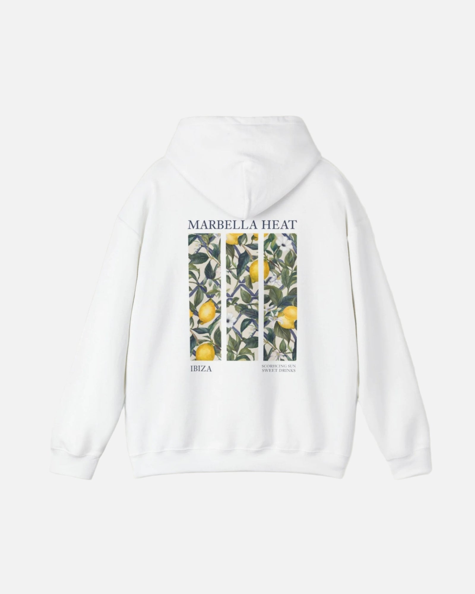Back view of the Eggshell White Vandox Marbella Heat Hoodie featuring a lemon tree pattern framed in vertical panels, with text referencing Ibiza and Marbella. Starboy old money hoodie sweatshirt clothes vandox sacrevandox vandox clothes vandox clothing crewneck