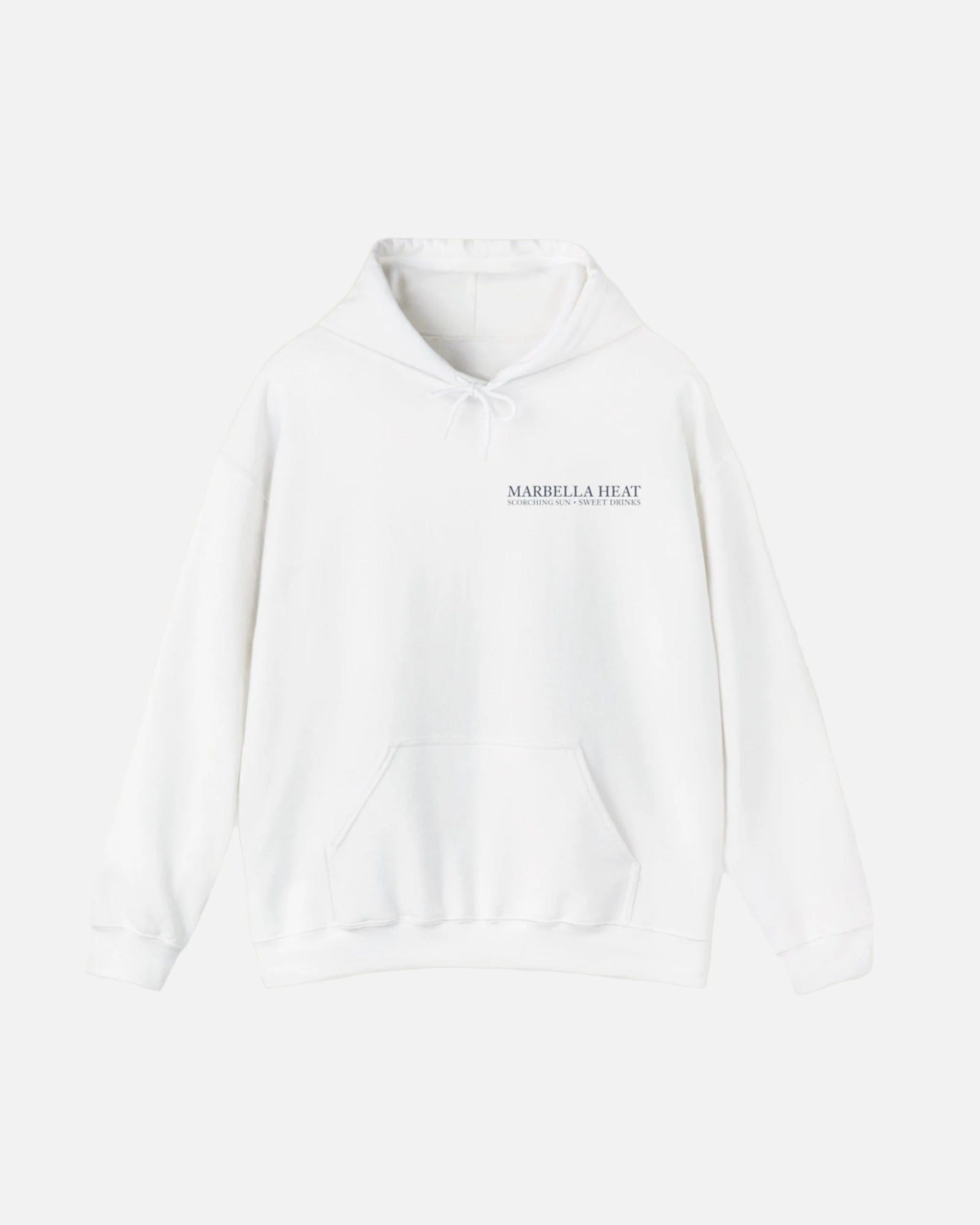 Front view of the Eggshell White Vandox Marbella Heat Hoodie featuring a lemon tree pattern framed in vertical panels, with text referencing Ibiza and Marbella. Starboy old money hoodie sweatshirt clothes vandox sacrevandox vandox clothes vandox clothing crewneck