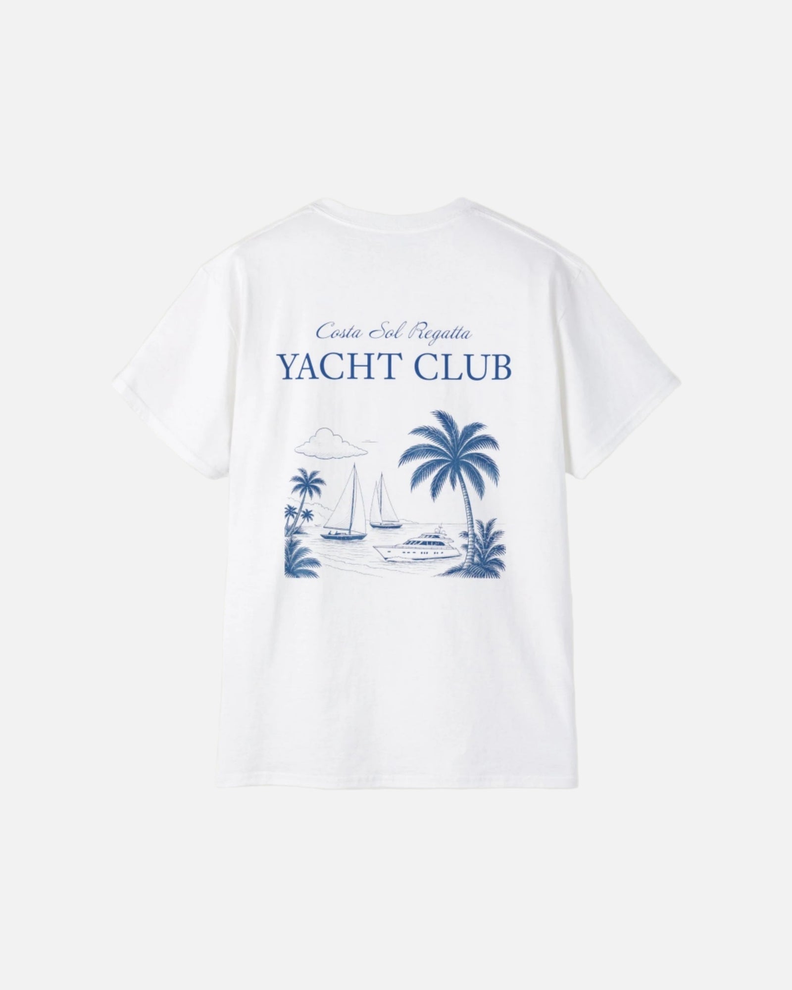 Vandox Eggshell White Riviera Regatta T-Shirt with yacht-club chest print and Costa del Sol back graphic of yachts and palm trees. Starboy old money shirt tshirt clothes vandox sacrevandox vandox clothes vandox clothing