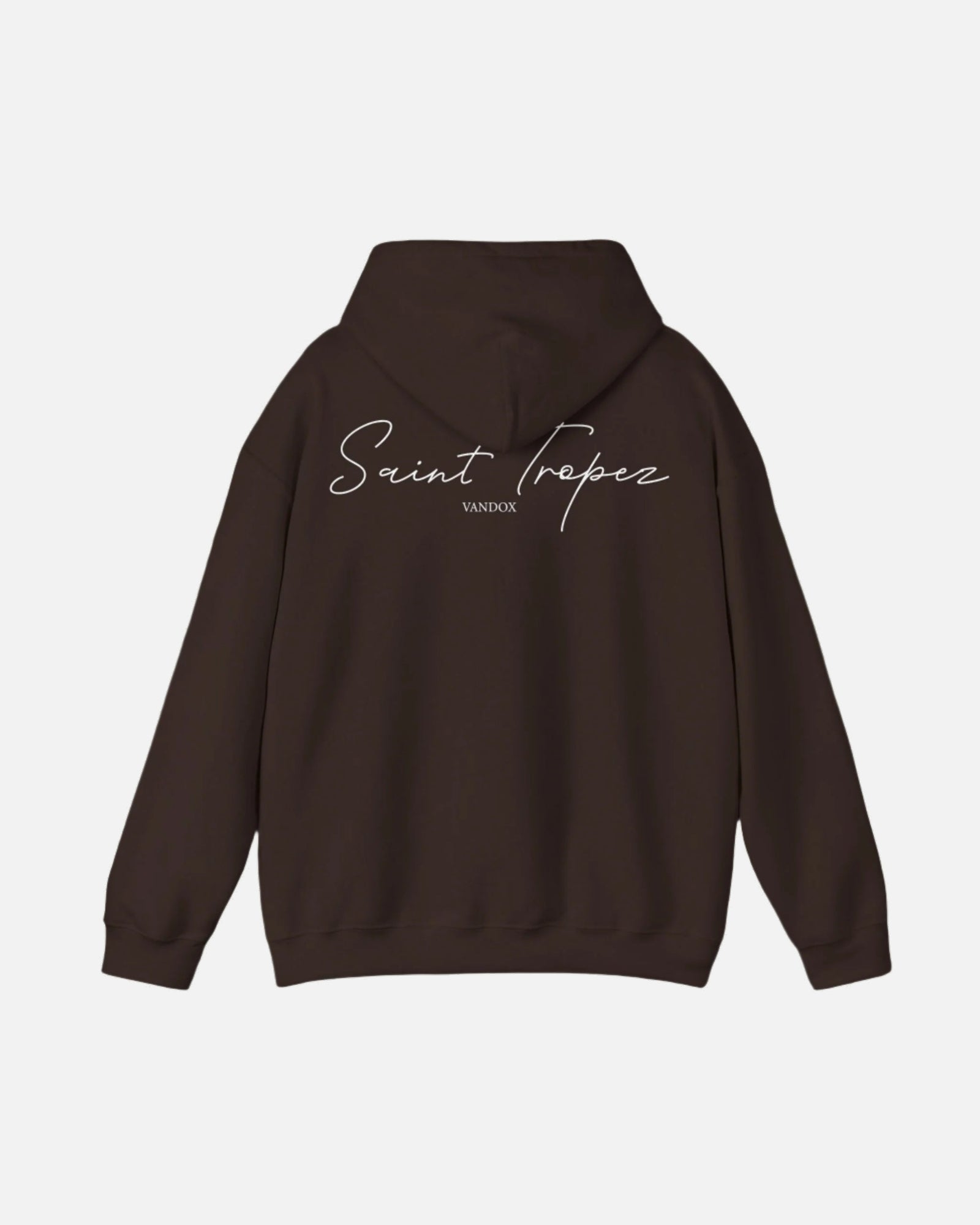 Back view of Brown Dark Chocolate Saint-Tropez Hoodie featuring elegant script logo print from Vandox SS25 Collection. Starboy old money hoodie sweatshirt clothes vandox sacrevandox vandox clothes vandox clothing