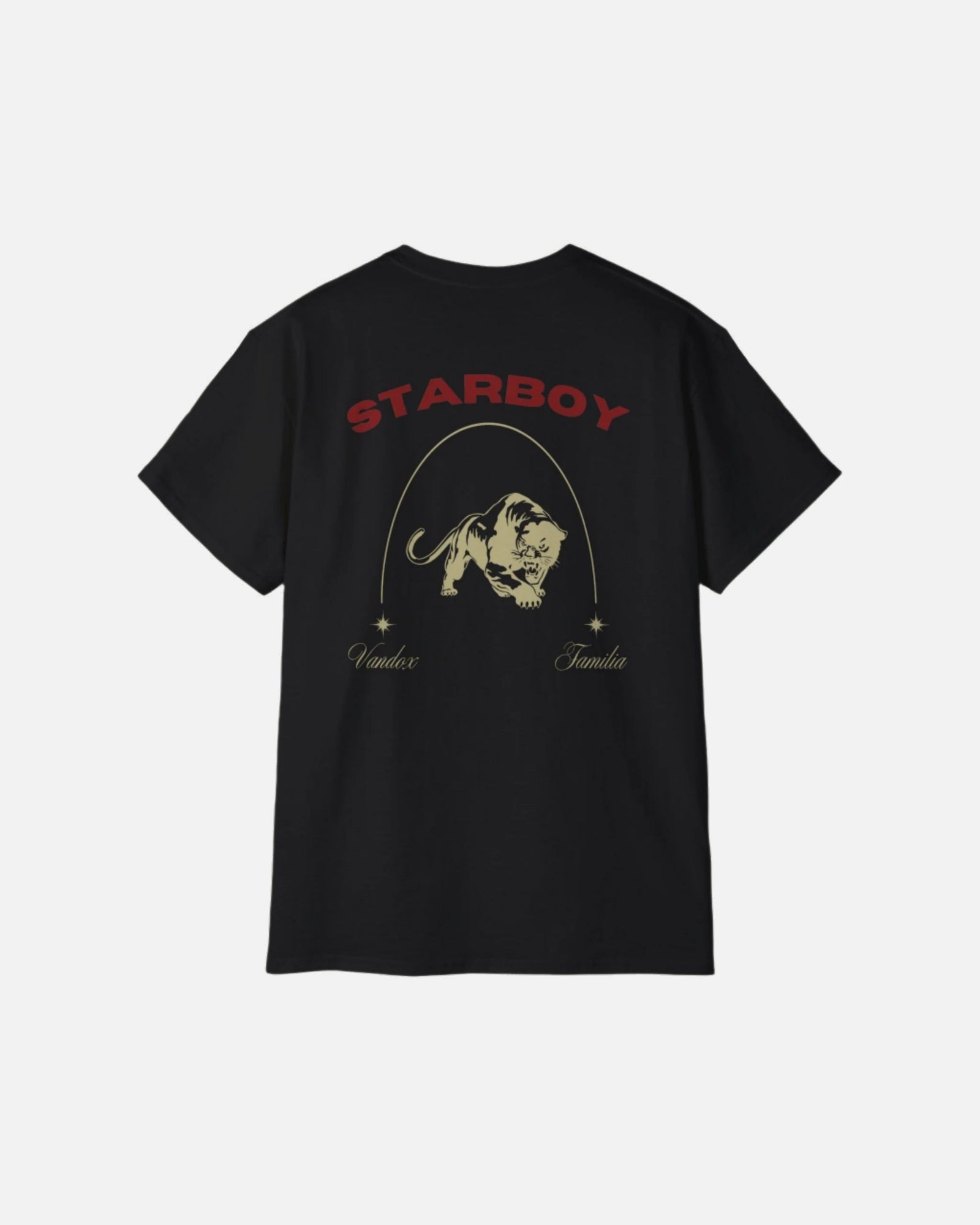 Deep Black Vandox Starboy T-Shirt with panther and arch graphic on back, small “Vandox Familia” star emblem on front. Starboy old money shirt tshirt clothes vandox sacrevandox vandox clothes vandox clothing
