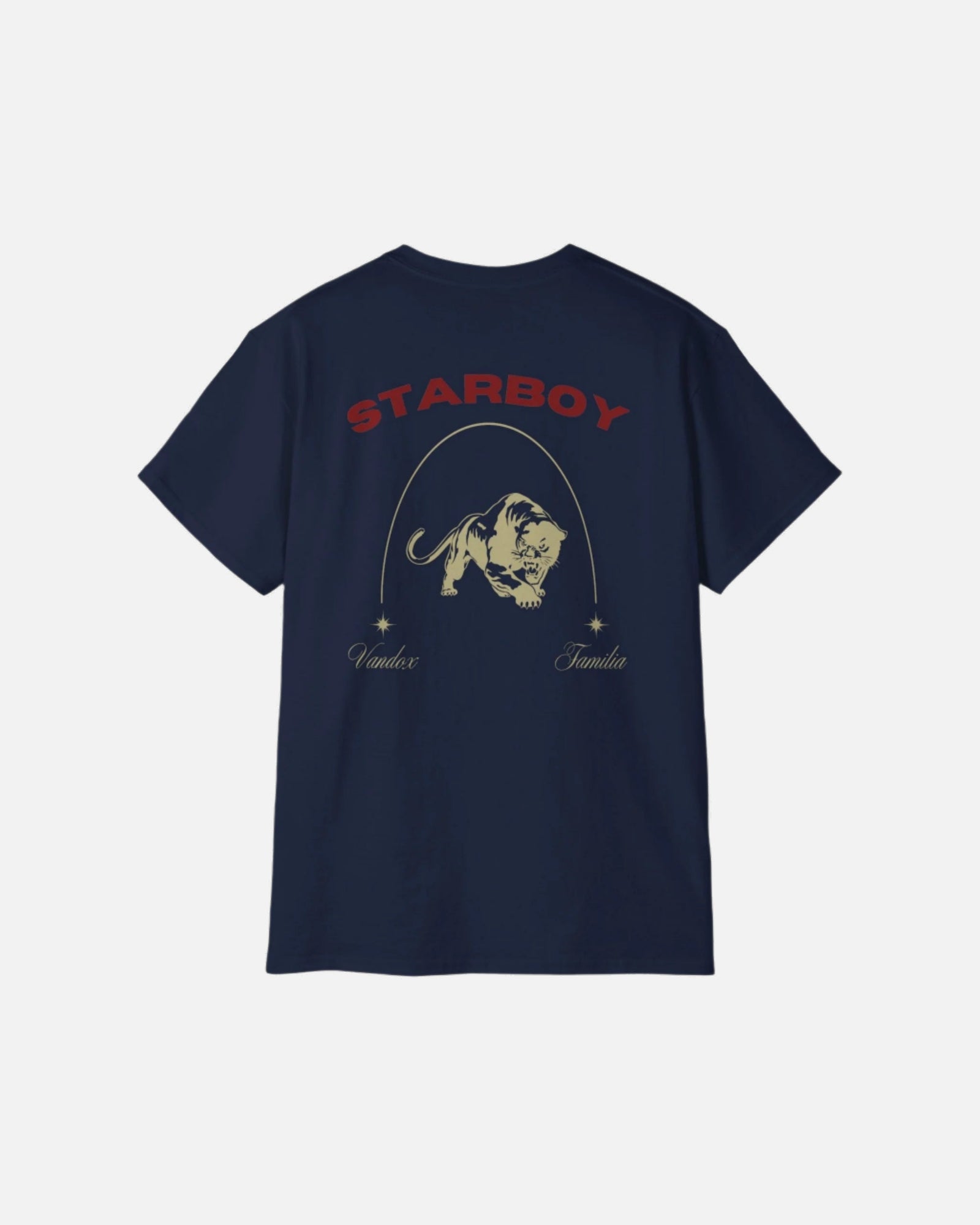 Navy Deep Blue Vandox Starboy T-Shirt with panther and arch graphic on back, small “Vandox Familia” star emblem on front. Starboy old money shirt tshirt clothes vandox sacrevandox vandox clothes vandox clothing