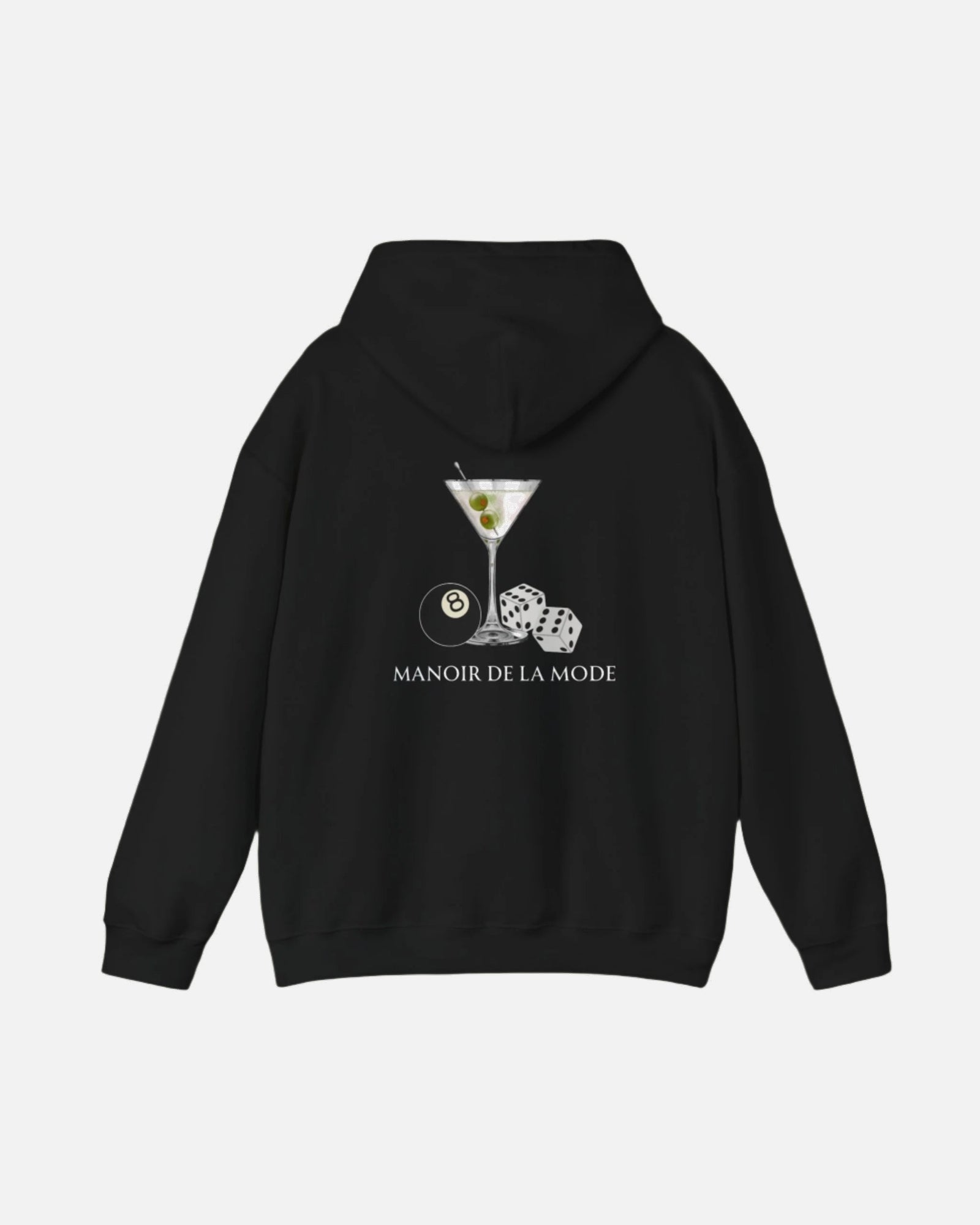 Black Vandox Hoodie with 8 ball pool ball dices martini glass and text Manoir De La Mode French fashion text. Saint Moritz St. Moritz Monaco Ski resort skiing clothes winter clothing  Starboy old money hoodie sweatshirt clothes vandox sacrevandox vandox clothes vandox clothing