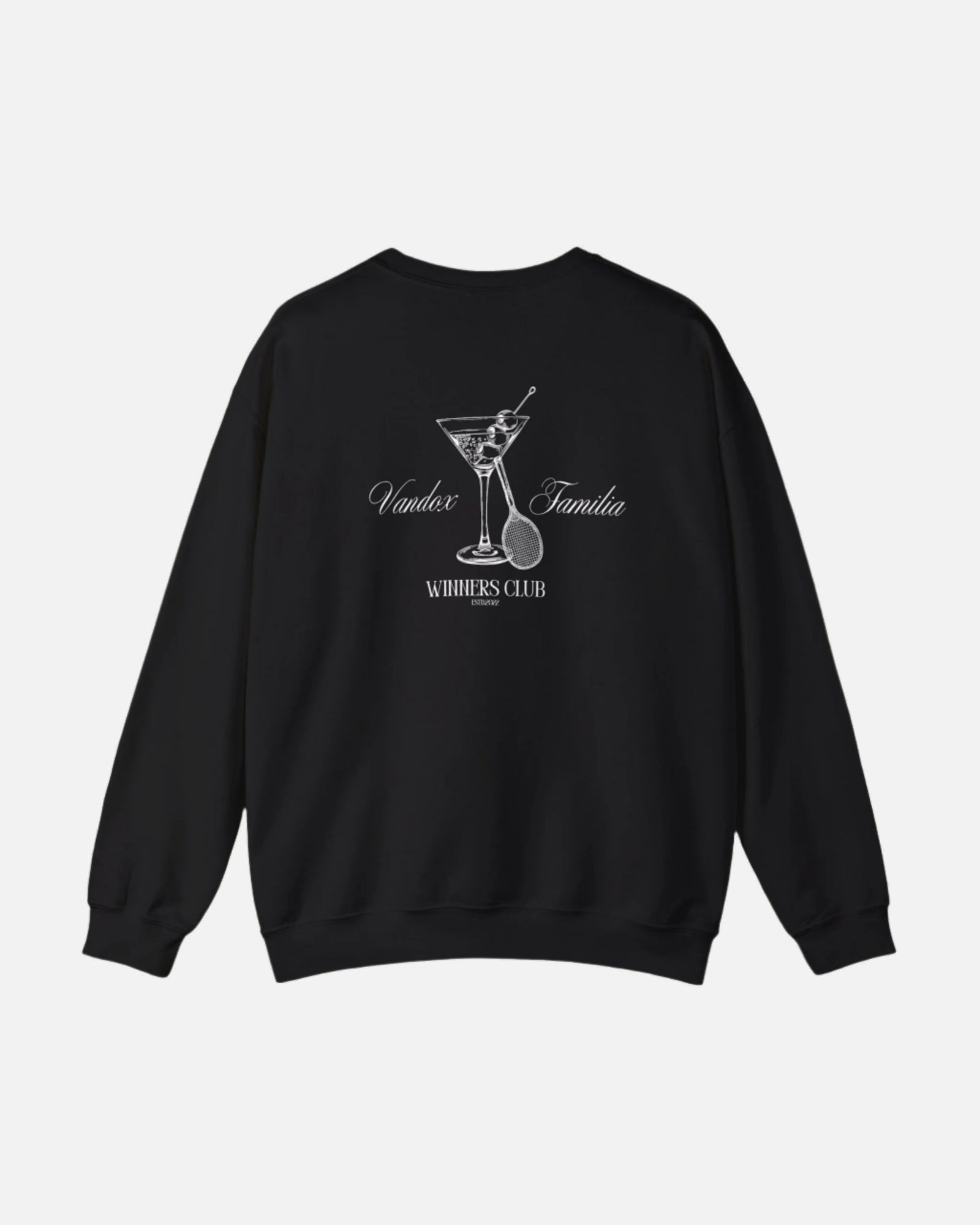 Black Vandox Martini Crewneck featuring a detailed martini glass and "Winners Club" design on the back, perfect for stylish fall wear. Starboy old money hoodie sweatshirt clothes vandox sacrevandox vandox clothes vandox clothing crewneck