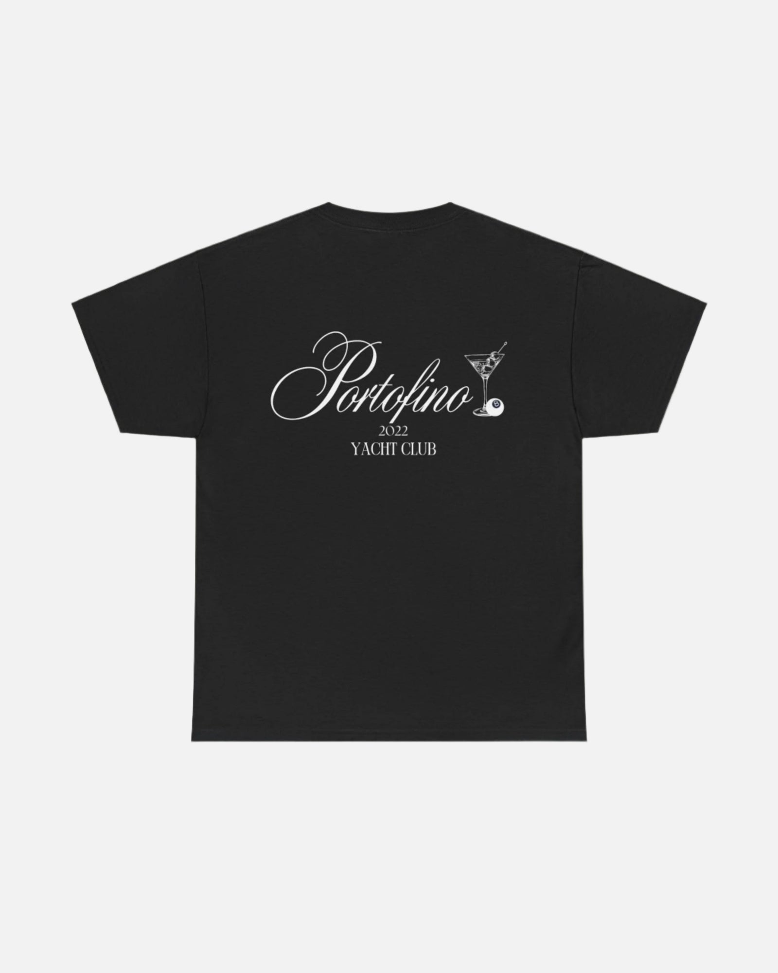 Black T-shirt with "Portofino 2022 Yacht Club" in elegant script and a martini glass graphic, offering a stylish, nautical-inspired design. Starboy old money shirt tshirt clothes vandox sacrevandox vandox clothes vandox clothing