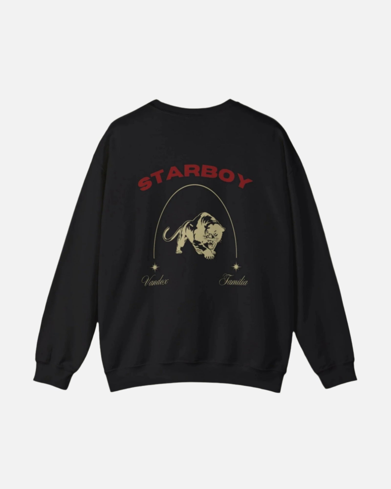 Black Vandox Crewneck with STARBOY on the back, golden lion surrounded by a majestic golden arch, and a small golden logo featuring a star, and text 'vandox familia starboy essential'. Starboy old money hoodie sweatshirt clothes vandox sacrevandox vandox clothes vandox clothing crewneck