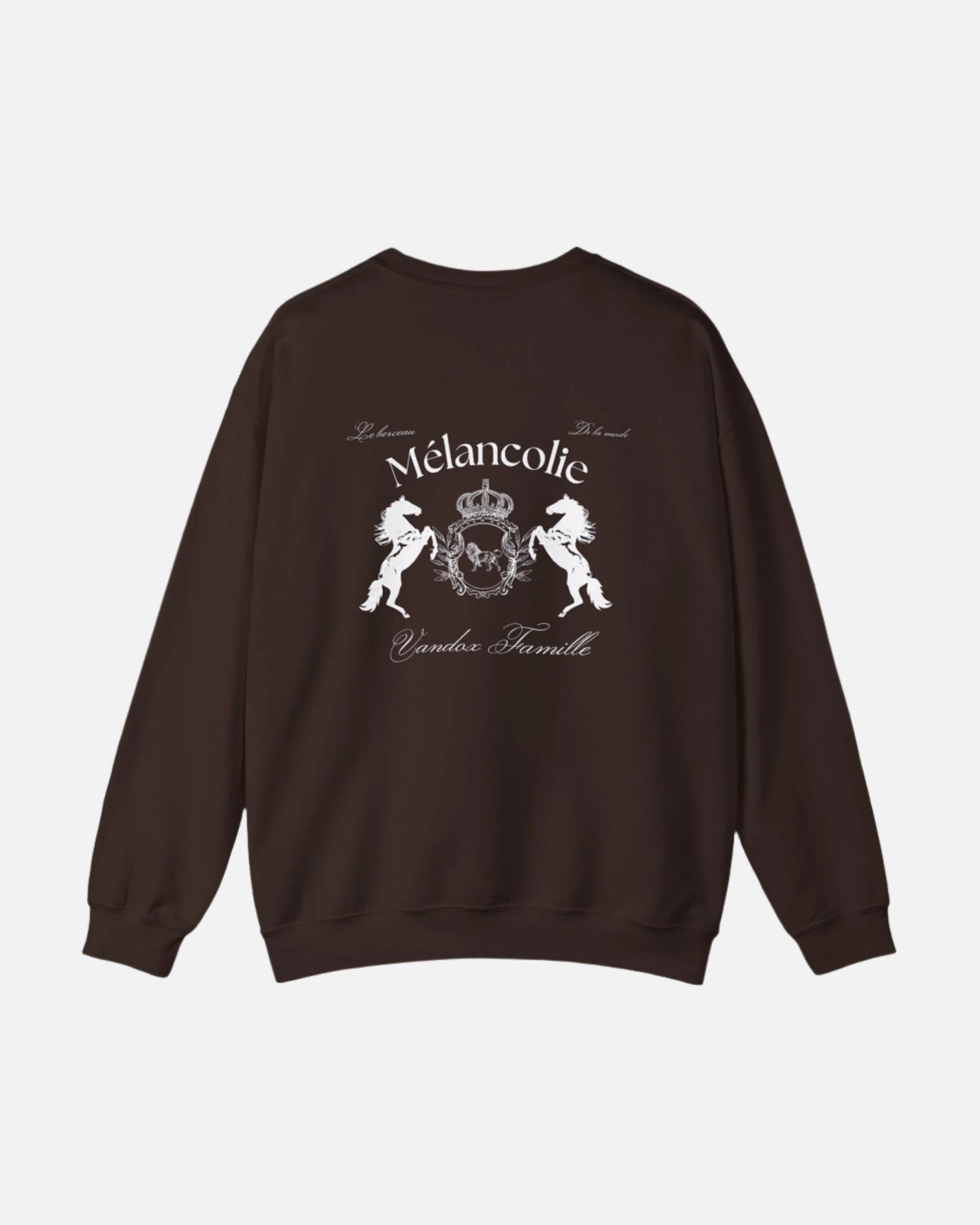 Dark chocolate brown Vandox Hoodie with regal crest, two horses, and "Mélancolie" and "Vandox Famille" text on the back. Starboy old money hoodie sweatshirt clothes vandox sacrevandox vandox clothes vandox clothing crewneck autumn clothes no hood fall clothes