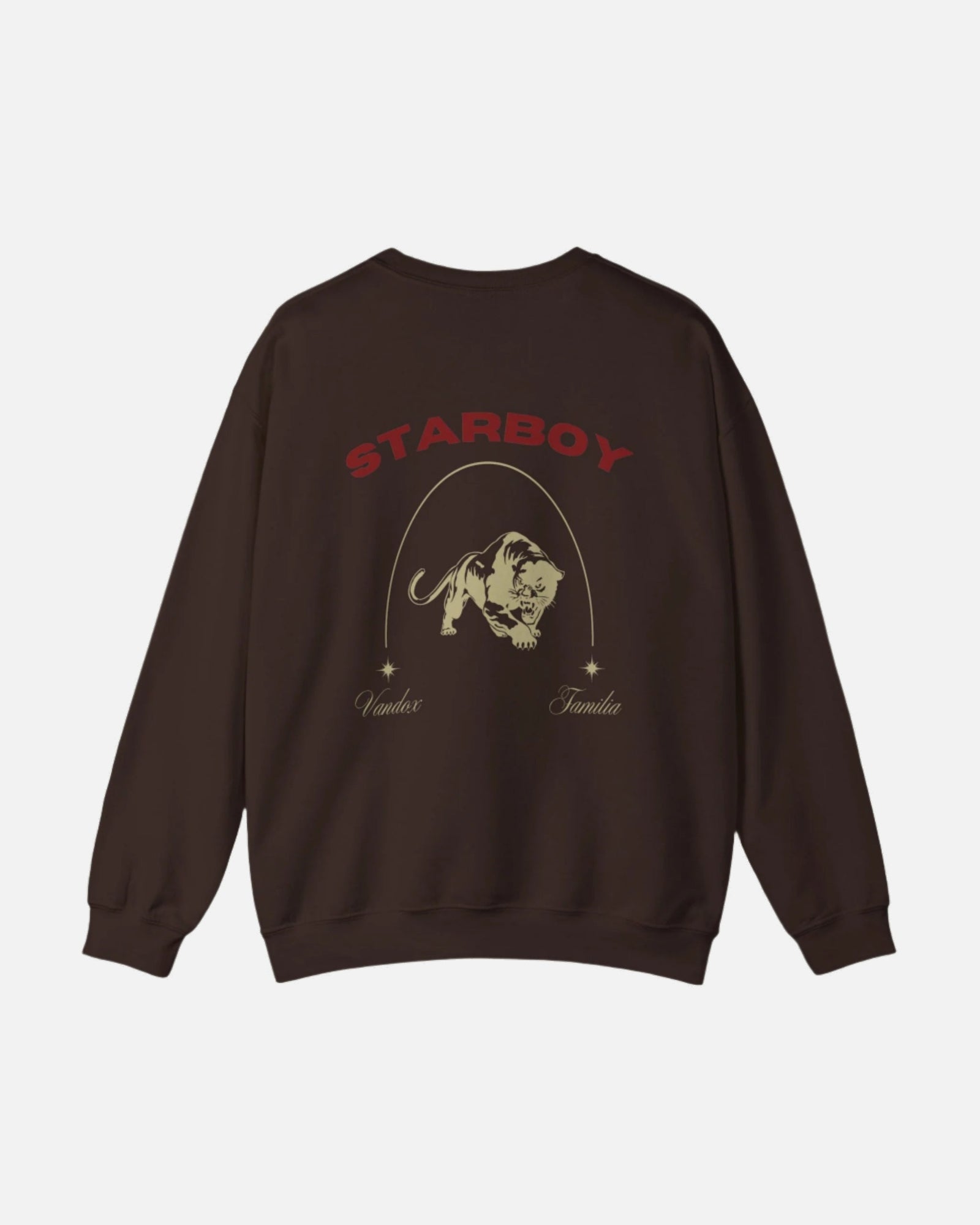 Dark Chocolate Brown Vandox Crewneck with STARBOY on the back, golden lion surrounded by a majestic golden arch, and a small golden logo featuring a star, and text 'vandox familia starboy essential'. Starboy old money hoodie sweatshirt clothes vandox sacrevandox vandox clothes vandox clothing crewneck