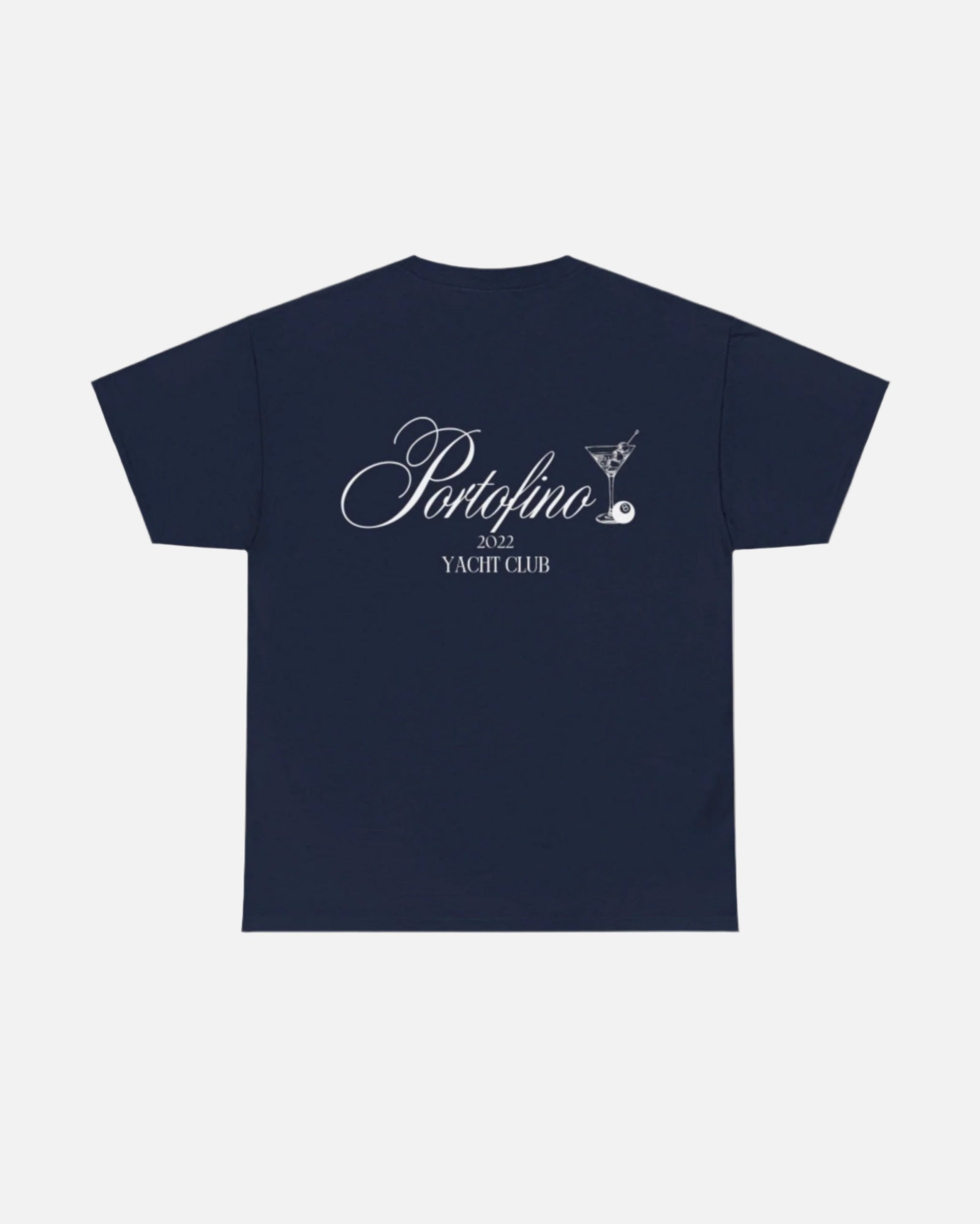Navy blue T-shirt with "Portofino 2022 Yacht Club" in elegant script and a martini glass graphic, offering a stylish, nautical-inspired design. Starboy old money shirt tshirt clothes vandox sacrevandox vandox clothes vandox clothing