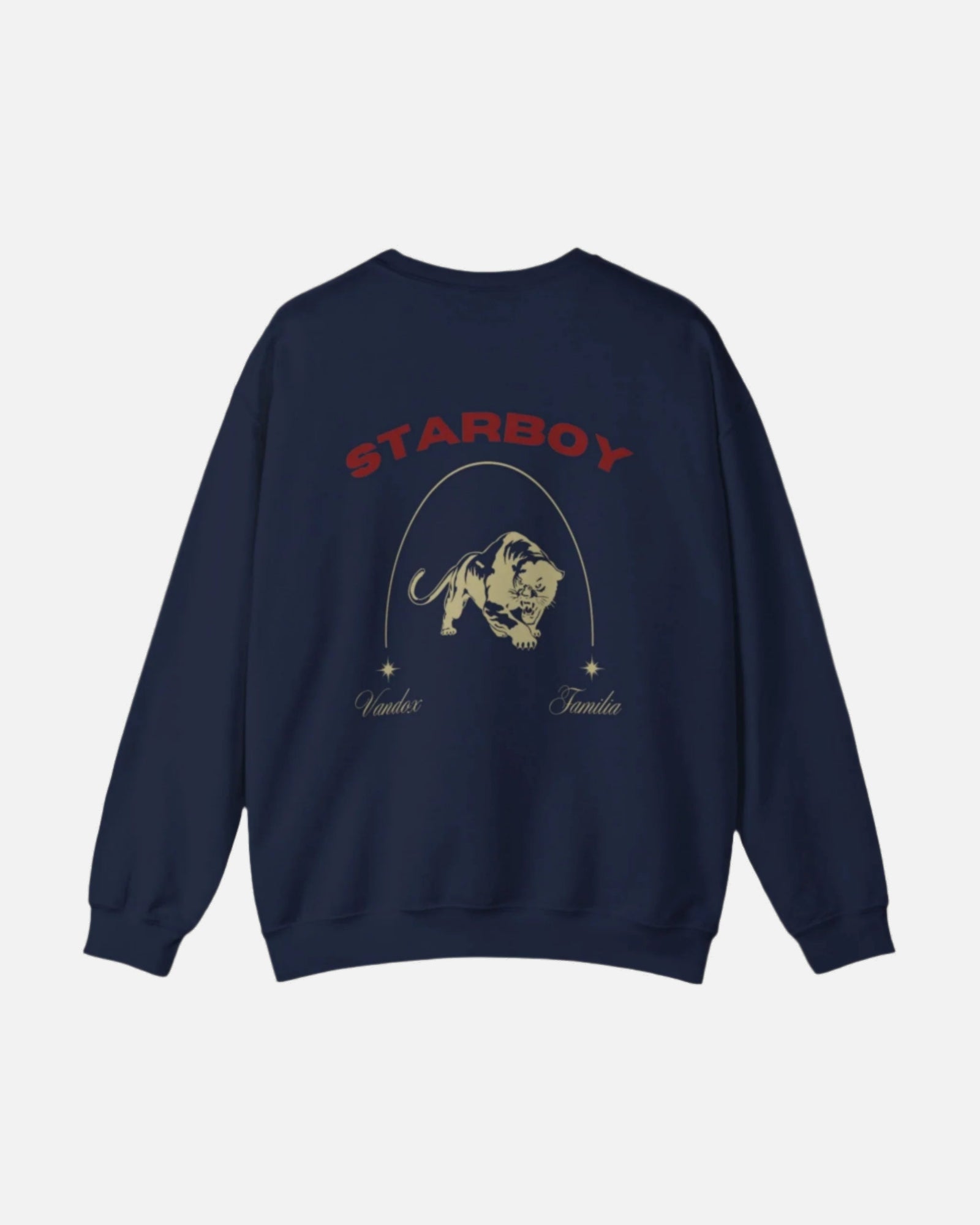 Dark Blue Navy Vandox Crewneck with STARBOY on the back, golden lion surrounded by a majestic golden arch, and a small golden logo featuring a star, and text 'vandox familia starboy essential'. Starboy old money hoodie sweatshirt clothes vandox sacrevandox vandox clothes vandox clothing crewneck
