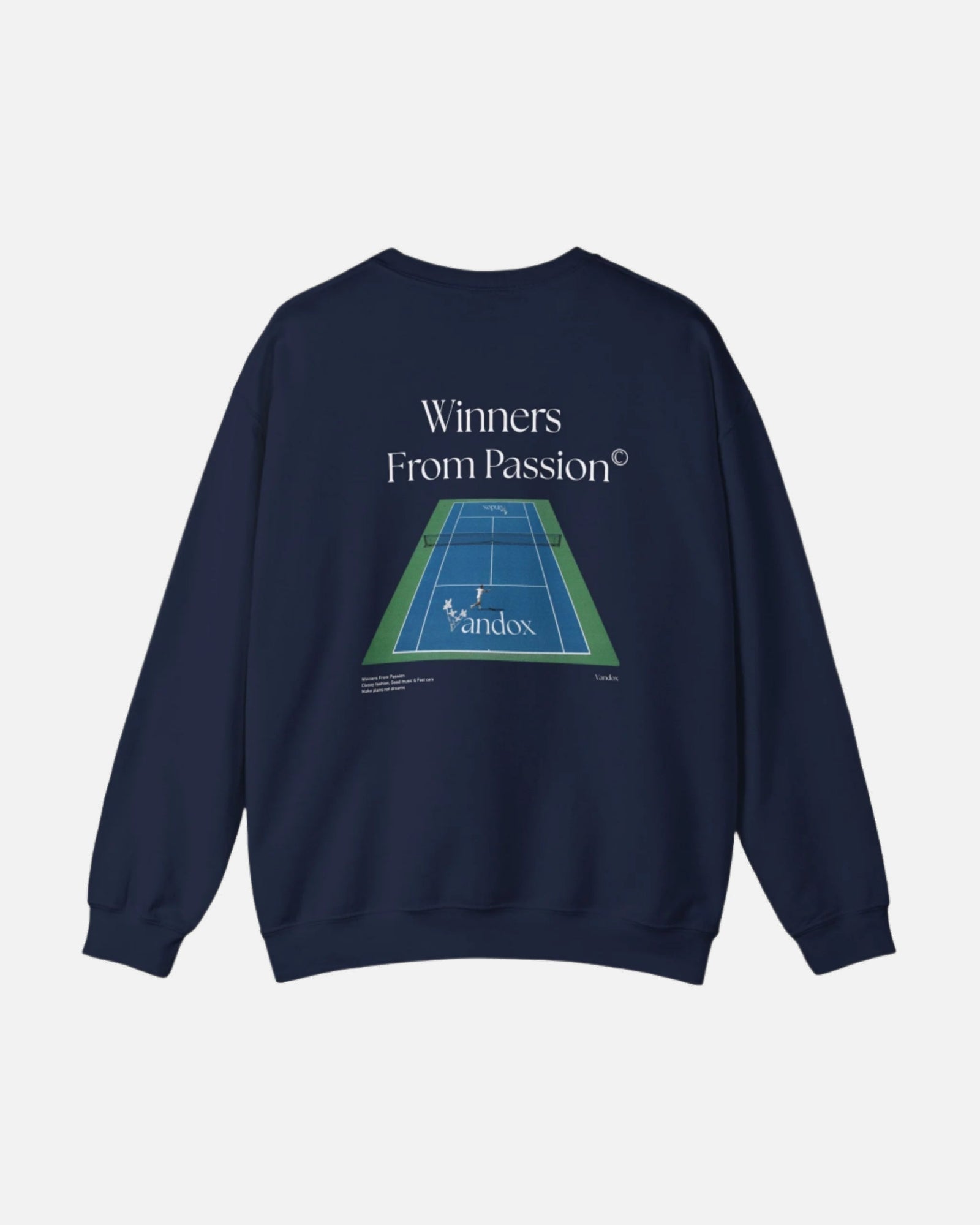 Navy Dark Blue VANDOX Tennis Court Crewneck with VNX Vandox logo and tennis court design and "Winners From Passion" slogan. Starboy old money hoodie sweatshirt clothes vandox sacrevandox vandox clothes vandox clothing crewneck