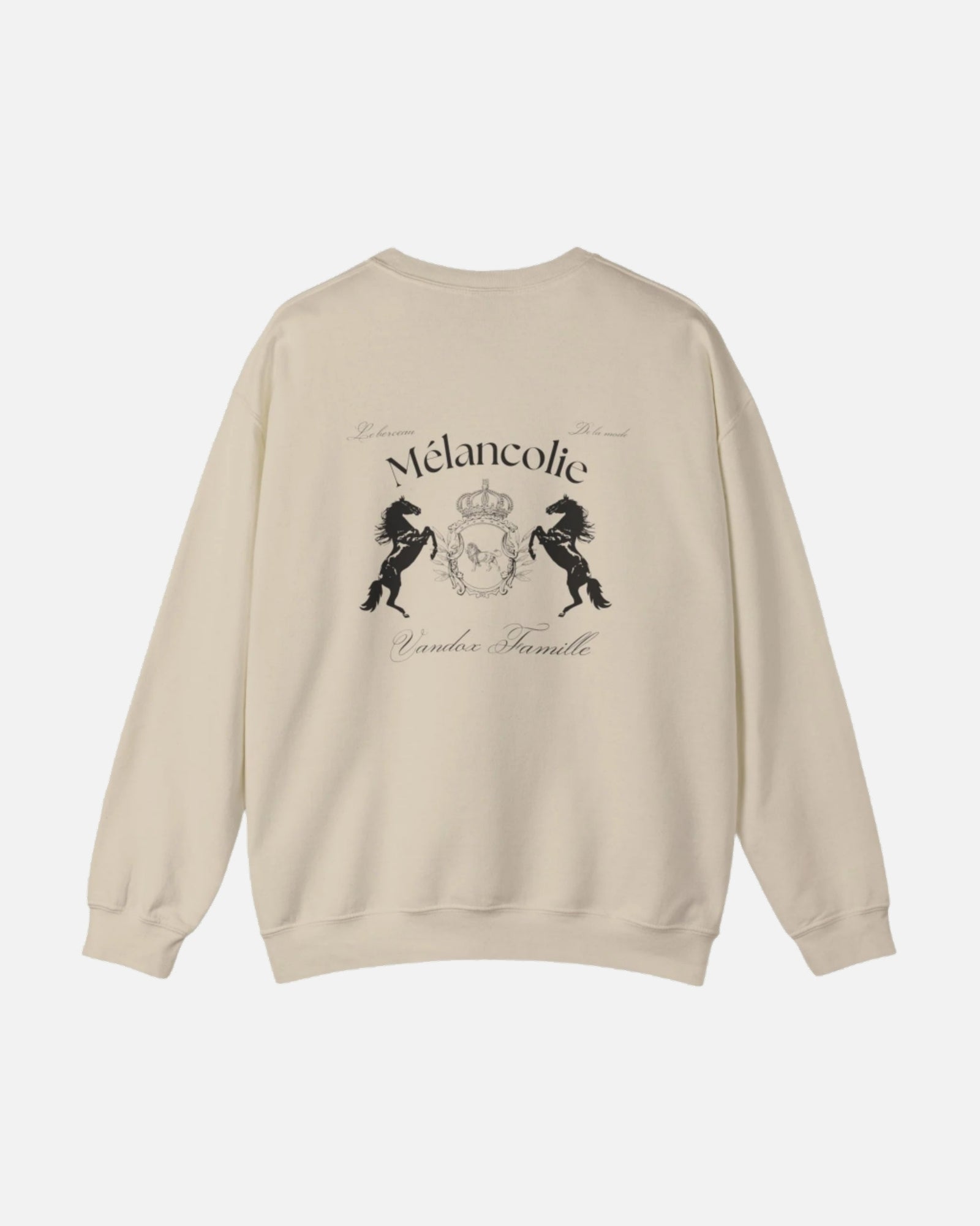 Cream Sand Vandox Hoodie with regal crest, two horses, and "Mélancolie" and "Vandox Famille" text on the back. Starboy old money hoodie sweatshirt clothes vandox sacrevandox vandox clothes vandox clothing crewneck autumn clothes no hood fall clothes