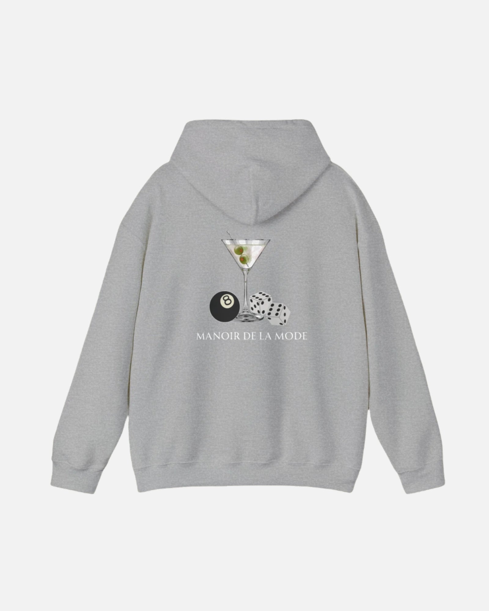Sport Grey Vandox Hoodie with 8 ball pool ball dices martini glass and text Manoir De La Mode French fashion text. Saint Moritz St. Moritz Monaco Ski resort skiing clothes winter clothing  Starboy old money hoodie sweatshirt clothes vandox sacrevandox vandox clothes vandox clothing