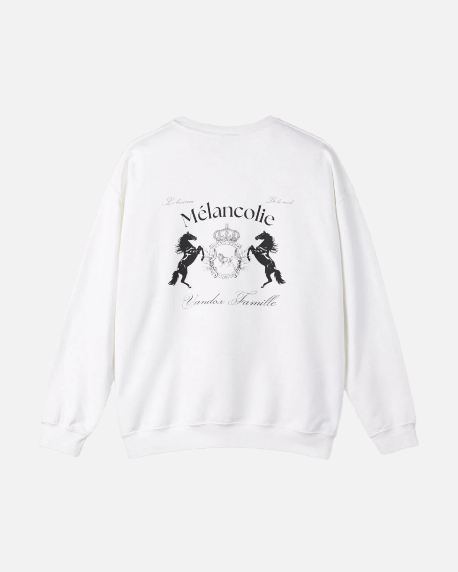 White Vandox Hoodie with regal crest, two horses, and "Mélancolie" and "Vandox Famille" text on the back. Starboy old money hoodie sweatshirt clothes vandox sacrevandox vandox clothes vandox clothing crewneck autumn clothes no hood fall clothes
