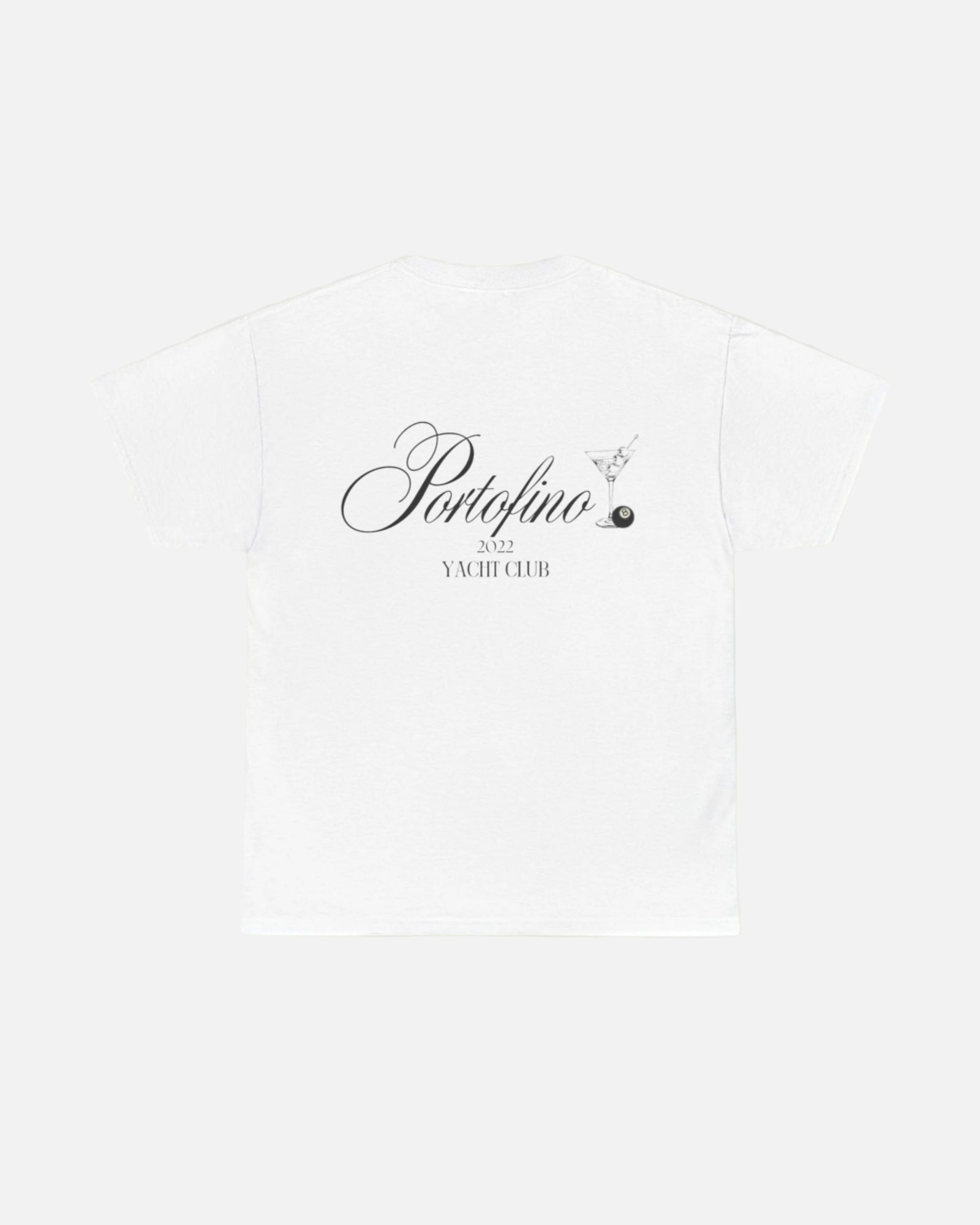 White T-shirt with "Portofino 2022 Yacht Club" in elegant white script and a martini glass graphic, offering a stylish, nautical-inspired design. Starboy old money shirt tshirt clothes vandox sacrevandox vandox clothes vandox clothing