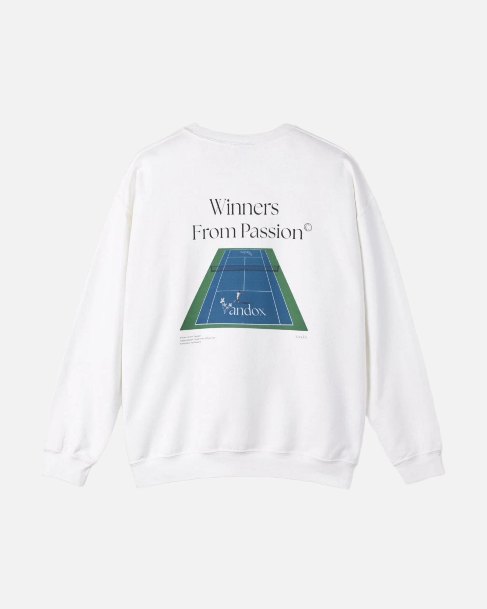 white VANDOX Tennis Court Crewneck with VNX Vandox logo and tennis court design and "Winners From Passion" slogan. Starboy old money hoodie sweatshirt clothes vandox sacrevandox vandox clothes vandox clothing crewneck