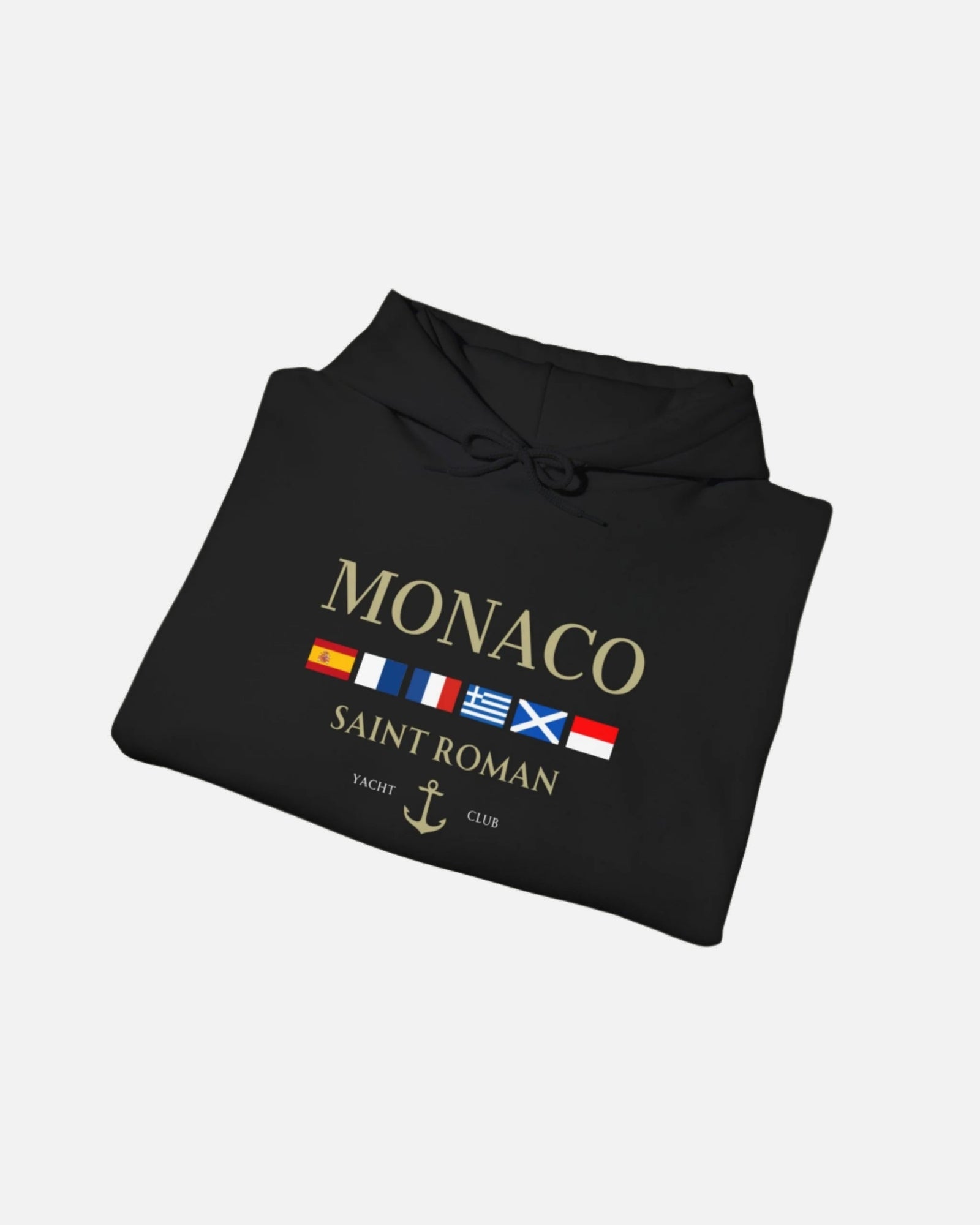 Black Vandox Monaco Saint Roman Yacht Club Hoodie with international flags and anchor graphic on the front and crossed nautical flags with "Yacht Club" on the back. Starboy old money hoodie sweatshirt clothes vandox sacrevandox vandox clothes vandox clothing