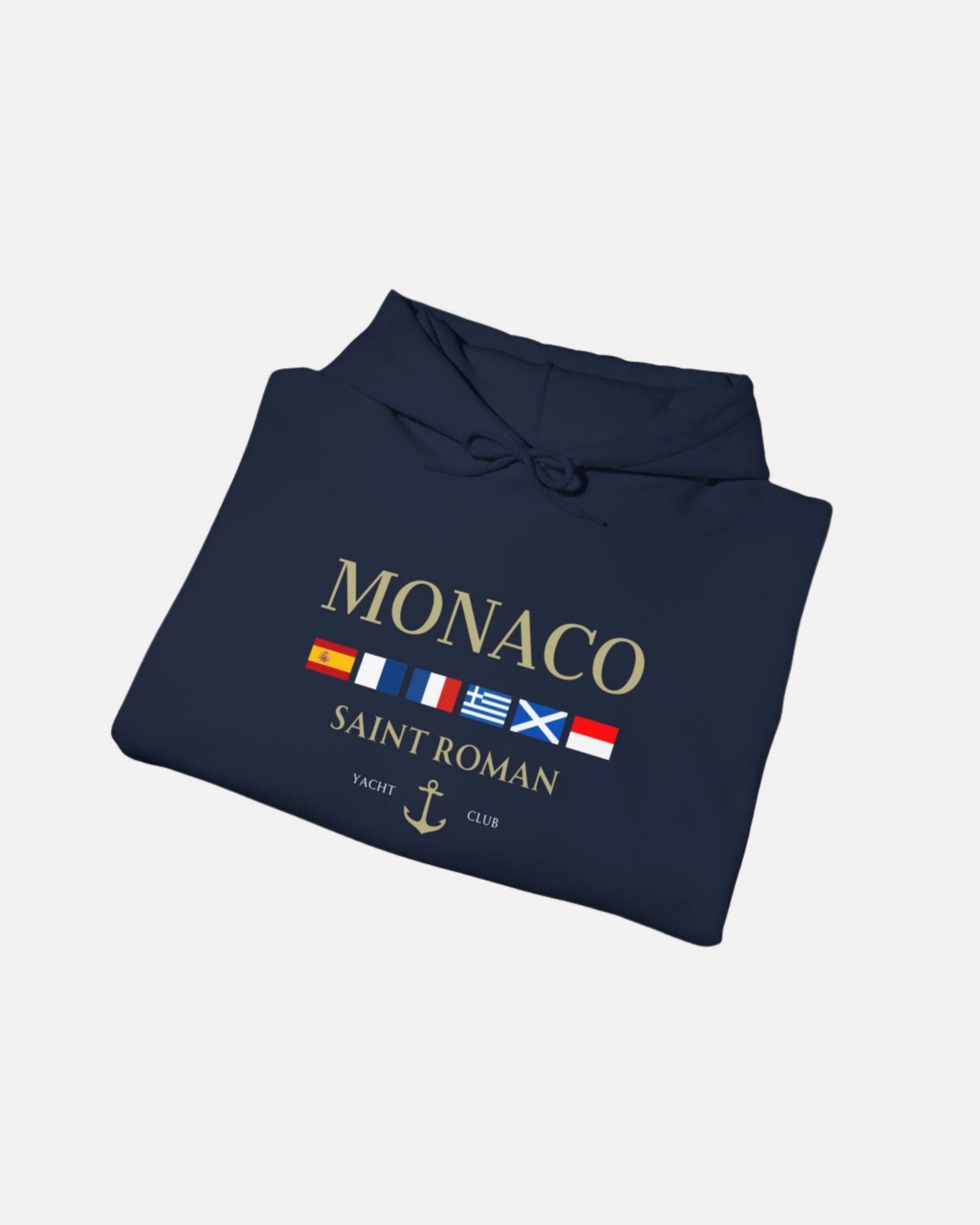 Navy blue Vandox Monaco Saint Roman Yacht Club Hoodie with international flags and anchor graphic on the front and crossed nautical flags with "Yacht Club" on the back. Starboy old money hoodie sweatshirt clothes vandox sacrevandox vandox clothes vandox clothing