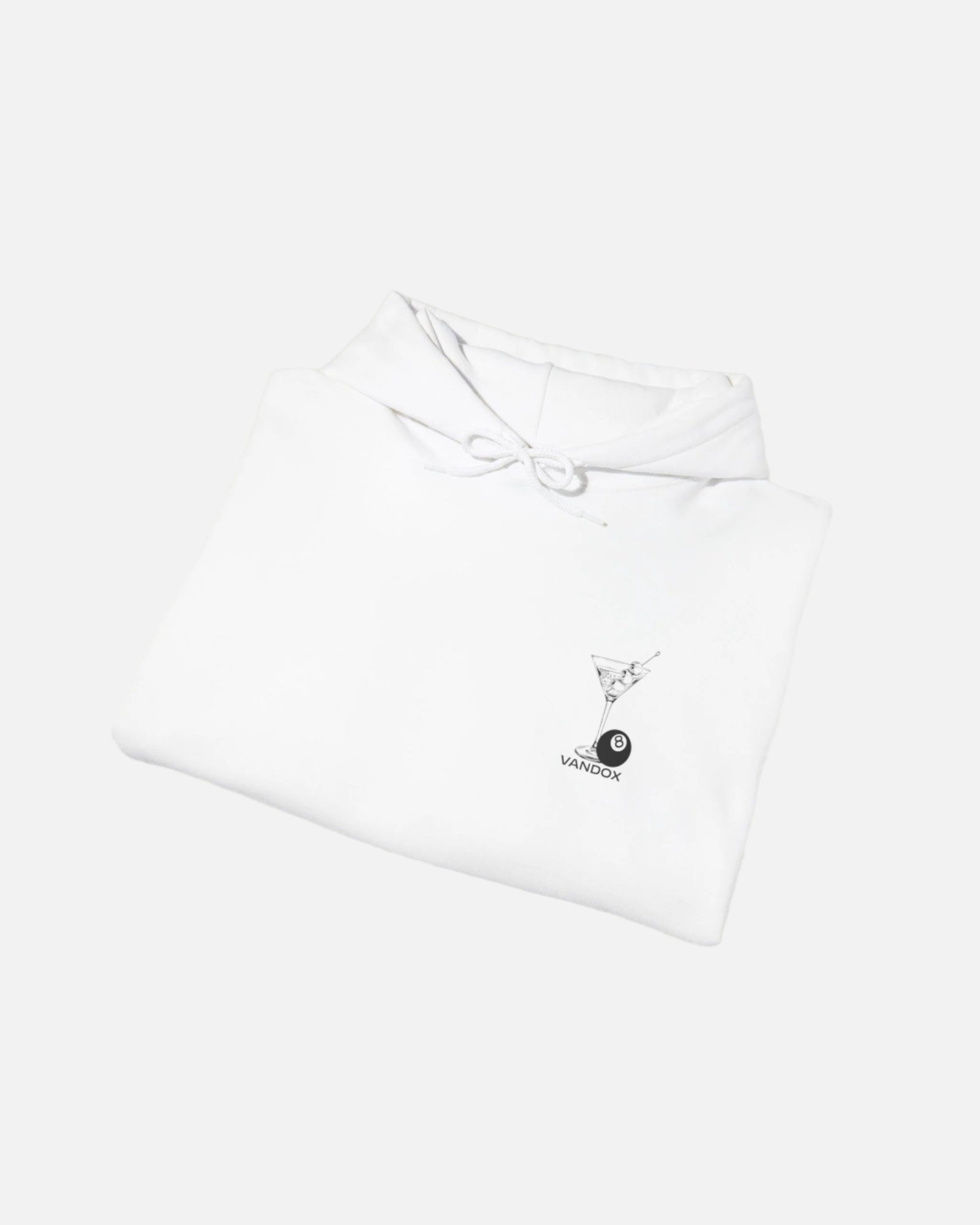 Eggshell white Vandox hoodie featuring embroidered martini glass and 8-ball graphic on front, and bold city name typography with "Fear of Being Average" text on back. Starboy old money hoodie sweatshirt clothes vandox sacrevandox vandox clothes vandox clothing