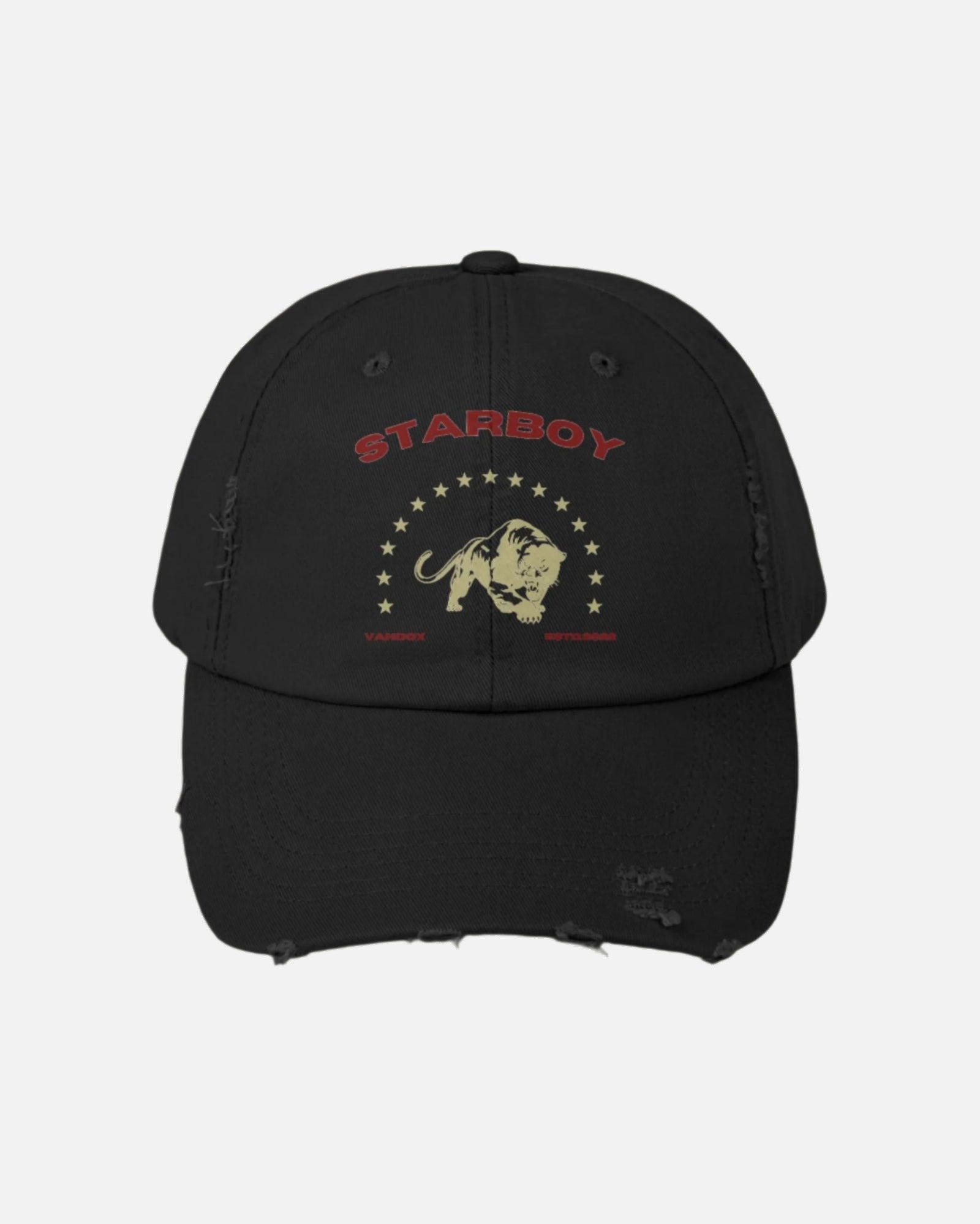 black Vandox Hat with fierce lion graphic surrounded by stars, with bold 'Starboy' text above. Hat Cap Baseball Cap Baseball Hat starboy hat old money hats vandox sacre vandox sacrevandox vandox clothing