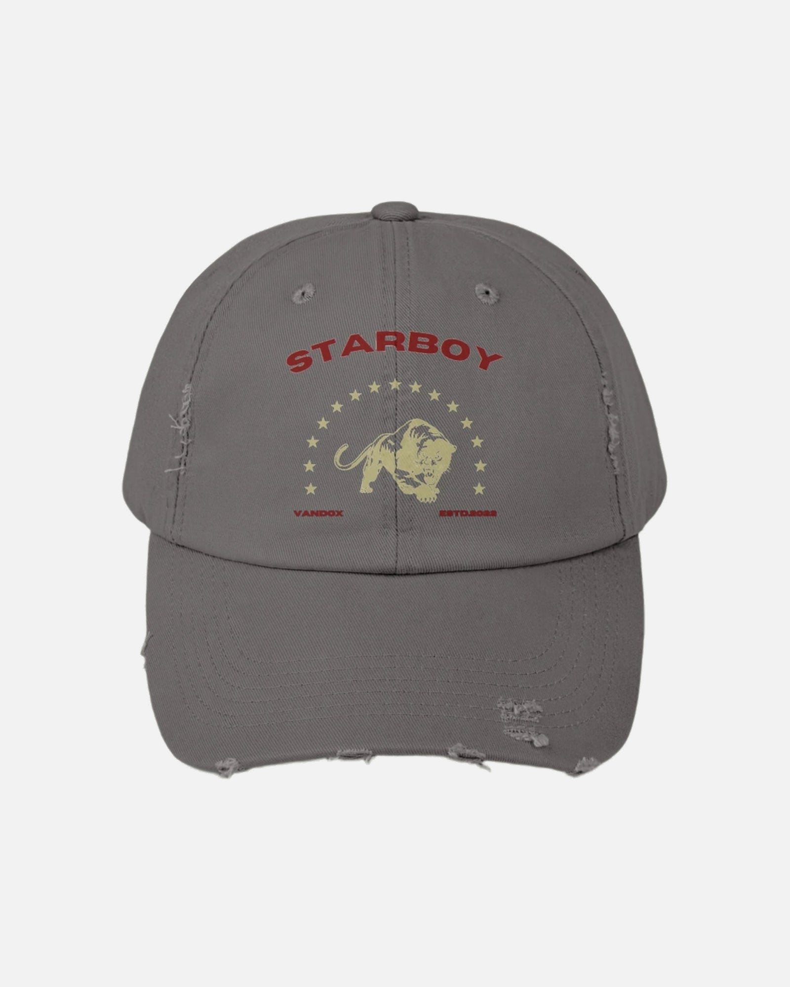 Nickel grey Vandox Hat with fierce lion graphic surrounded by stars, with bold 'Starboy' text above. Hat Cap Baseball Cap Baseball Hat starboy hat old money hats vandox sacre vandox sacrevandox vandox clothing