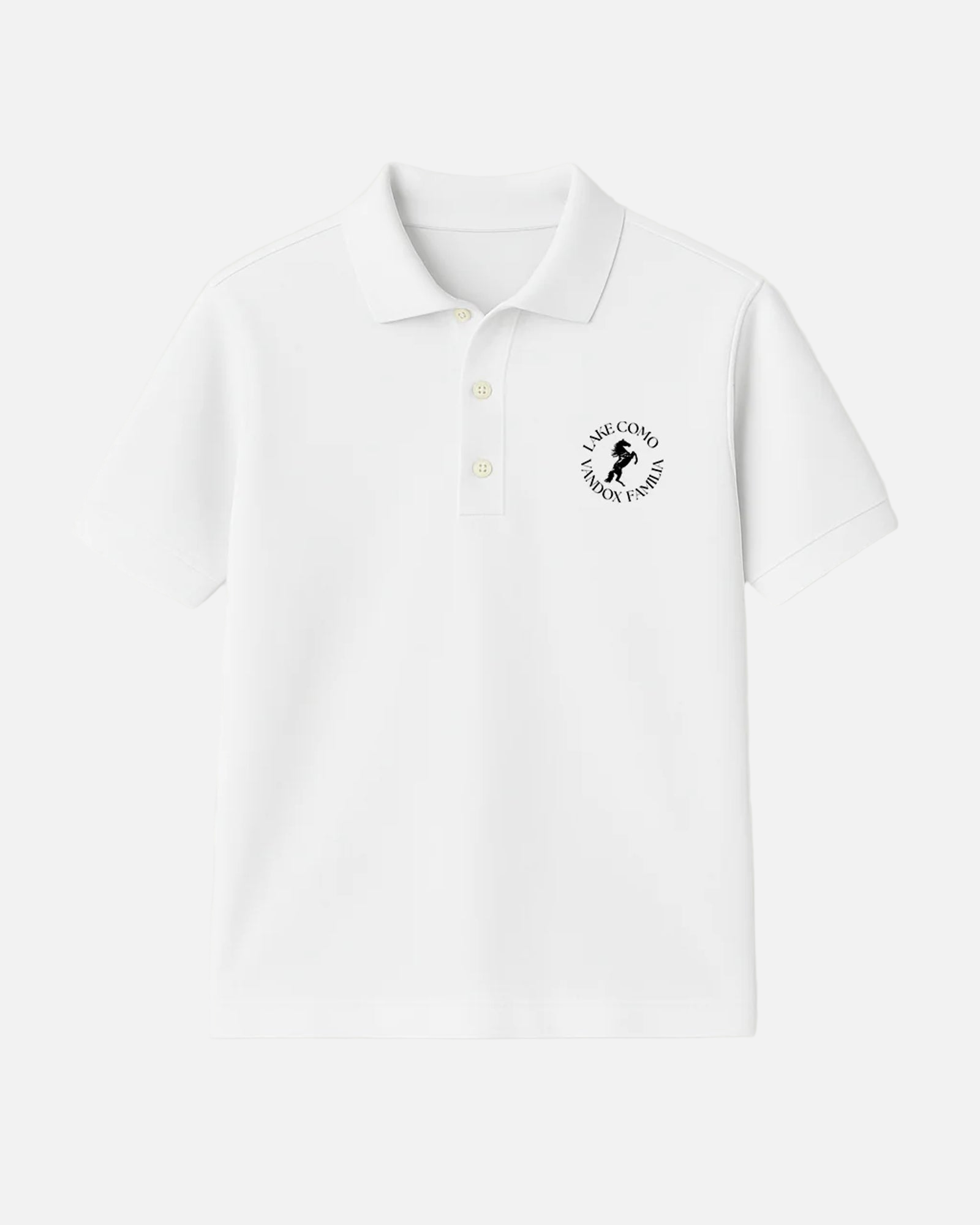 white Vandox polo with Vandox familia logo emblem embroidered on the chest. Polo shirt tshirt short sleeve vandox sacre vandox vandox clothing pique cotton cotton shirt cotton polo