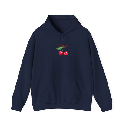 Navy dark blue Vandox hoodie front featuring an embroidered cherry graphic and Vandox logo; back of hoodie with a bold cherry illustration and elegant script. Starboy old money hoodie sweatshirt clothes vandox sacrevandox vandox clothes vandox clothing