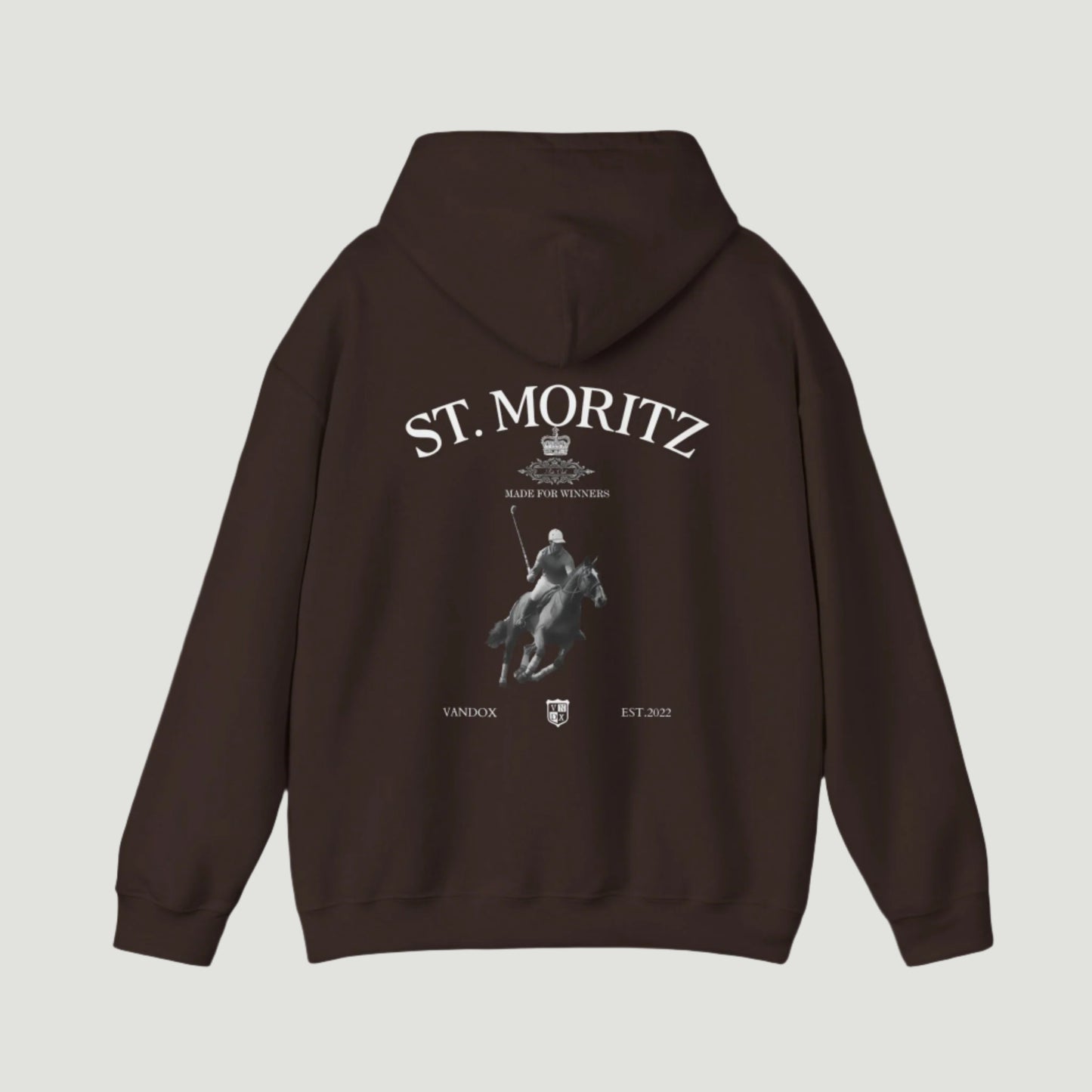 Dark Chocolate Dark Brown Vandox Polo Club Hoodie featuring an elite polo player and luxury branding, inspired by high-stakes winter sports and old money tradition. Starboy old money hoodie sweatshirt clothes vandox sacrevandox vandox clothes vandox clothing