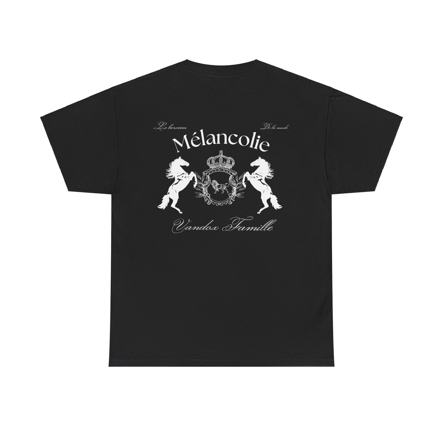  Black Vandox t-shirt with regal crest, two horses, and "Mélancolie" and "Vandaux Famille" text on the back. Starboy old money shirt tshirt clothes vandox sacrevandox vandox clothes vandox clothing