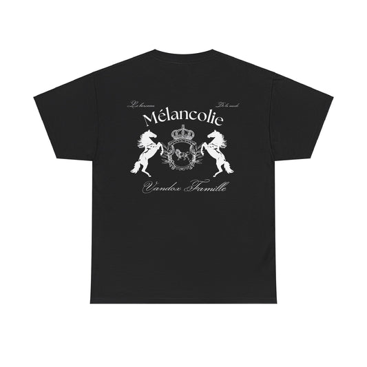  Black Vandox t-shirt with regal crest, two horses, and "Mélancolie" and "Vandaux Famille" text on the back. Starboy old money shirt tshirt clothes vandox sacrevandox vandox clothes vandox clothing