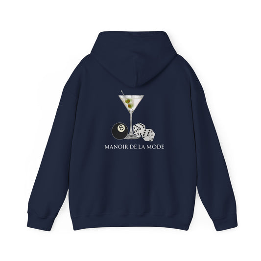 Navy Vandox Hoodie with 8 ball pool ball dices martini glass and text Manoir De La Mode French fashion text. Saint Moritz St. Moritz Monaco Ski resort skiing clothes winter clothing  Starboy old money hoodie sweatshirt clothes vandox sacrevandox vandox clothes vandox clothing